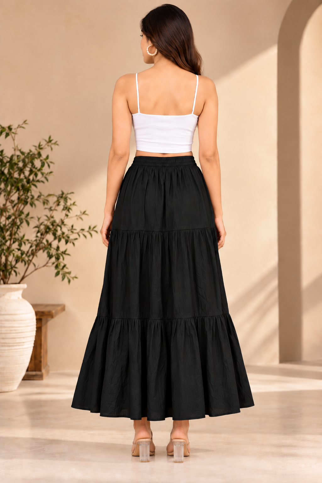 Sejal Black Women’s Tiered Maxi Skirt | High-Waist Flared Skirt for Navratri, Garba & Dandiya