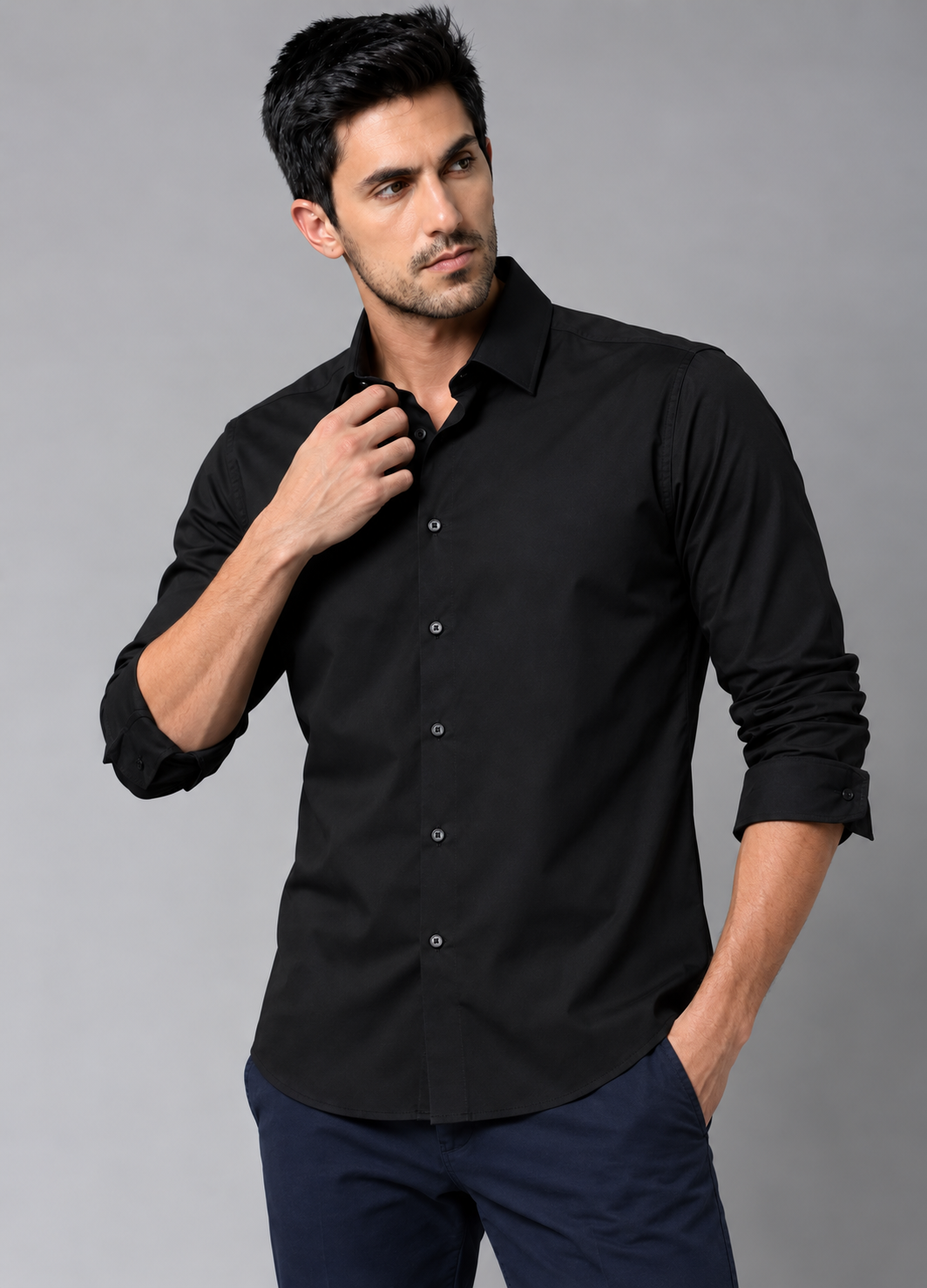 Black cotton full sleeve formal shirt for men, classic collar, view 6
