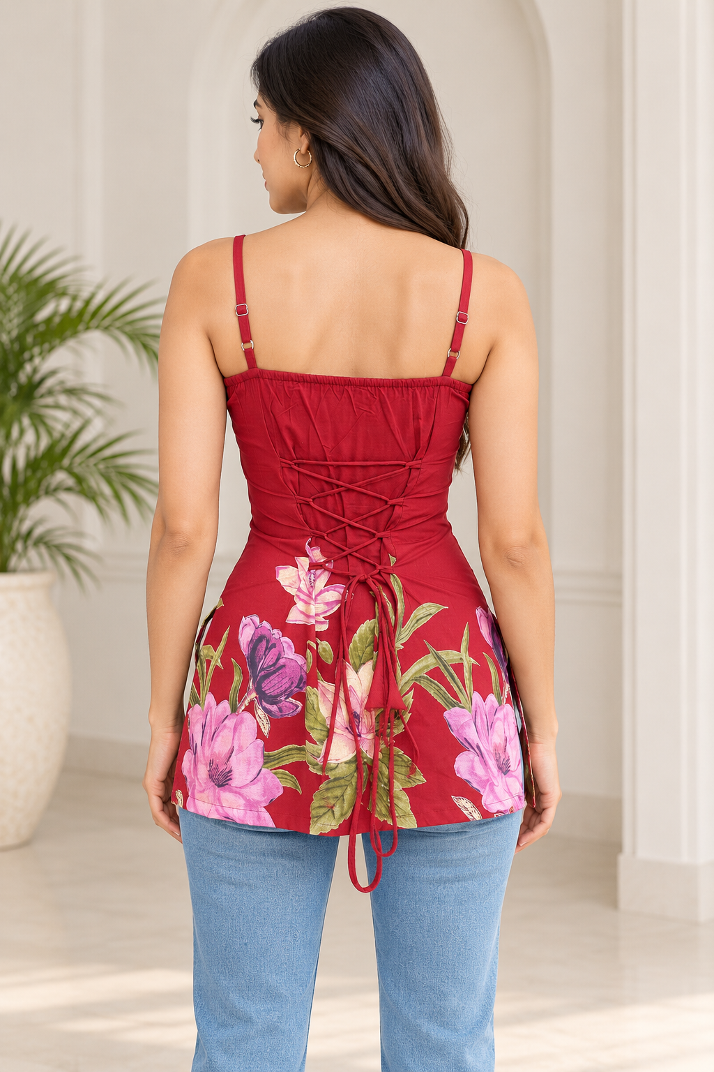 Avani Women's Maroon Floral Printed Cotton 2-in-1 Short Kurti with Detachable Full-Sleeve Shrug