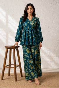Draksha Teal Blue Printed Premium Cotton Co-ord Set