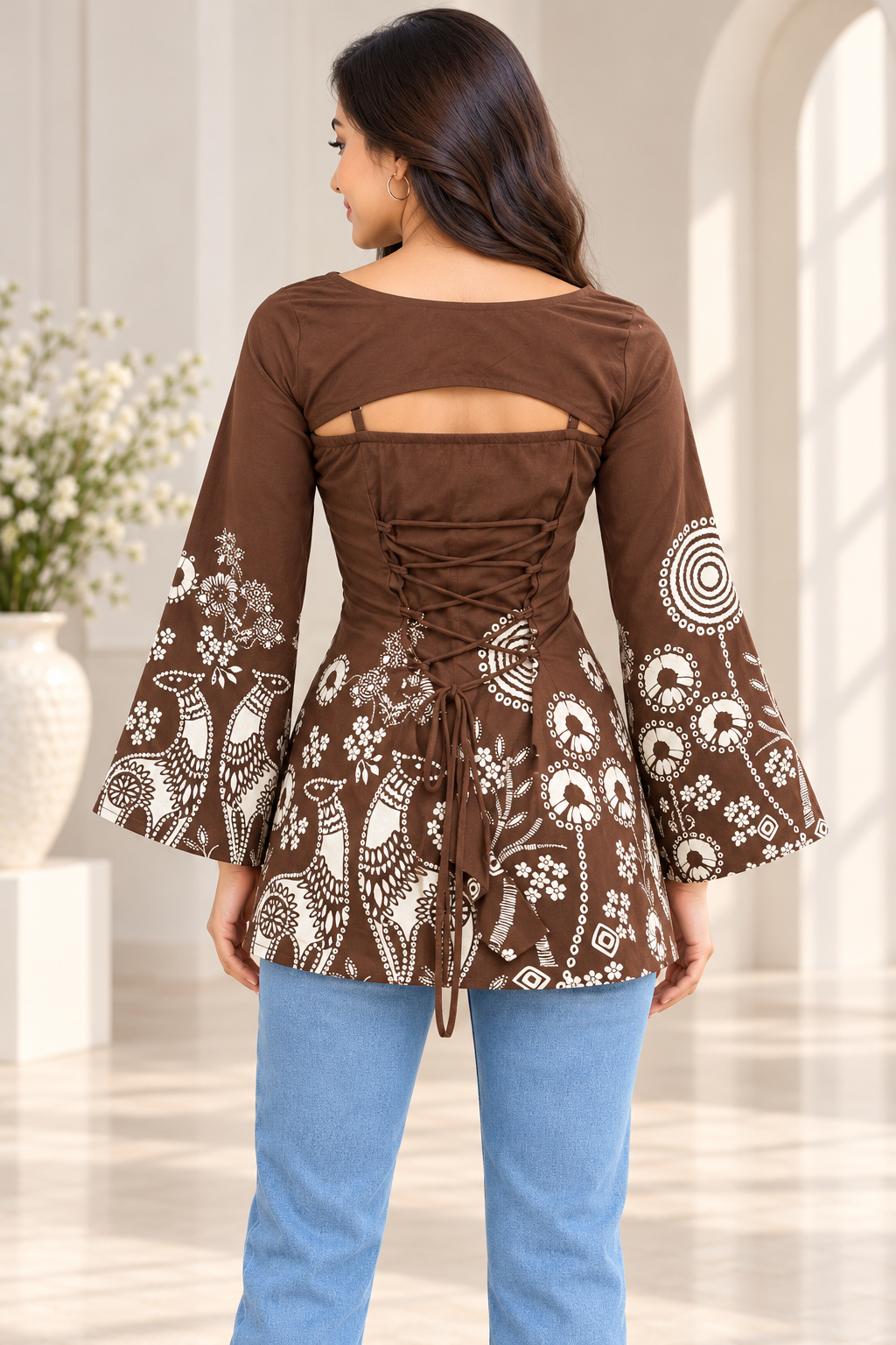 Avani Women's Brown Floral Printed Cotton 2-in-1 Short Kurti with Detachable Full-Sleeve Shrug