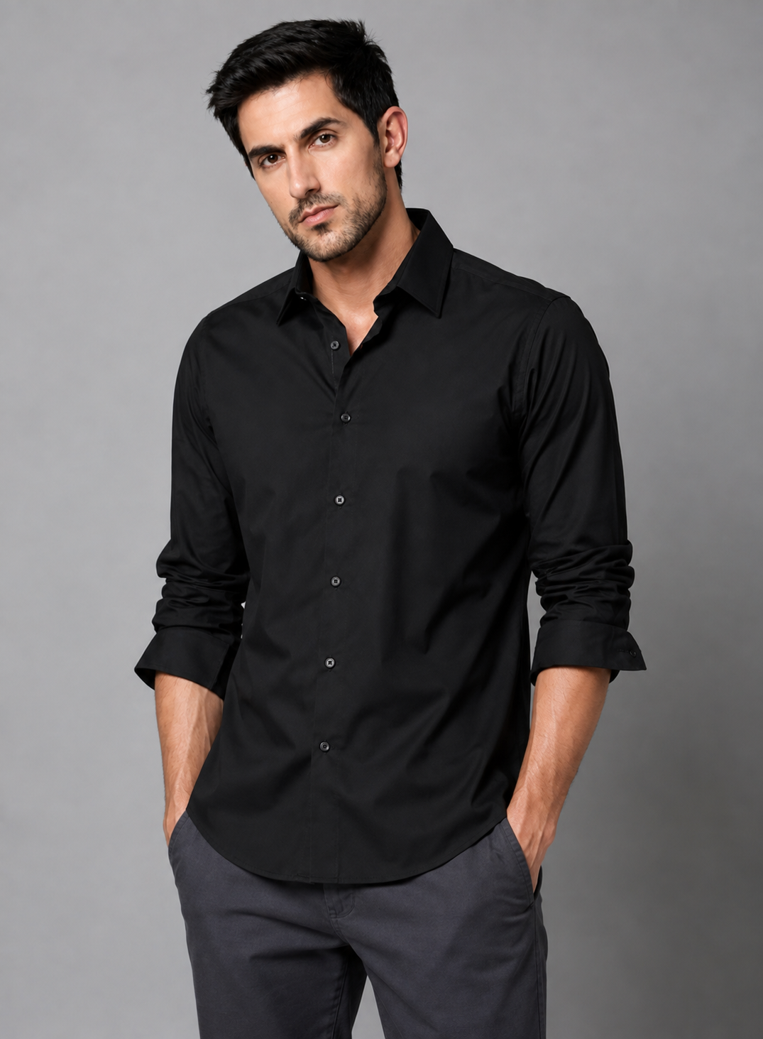 Black cotton full sleeve formal shirt for men, classic collar, view 3