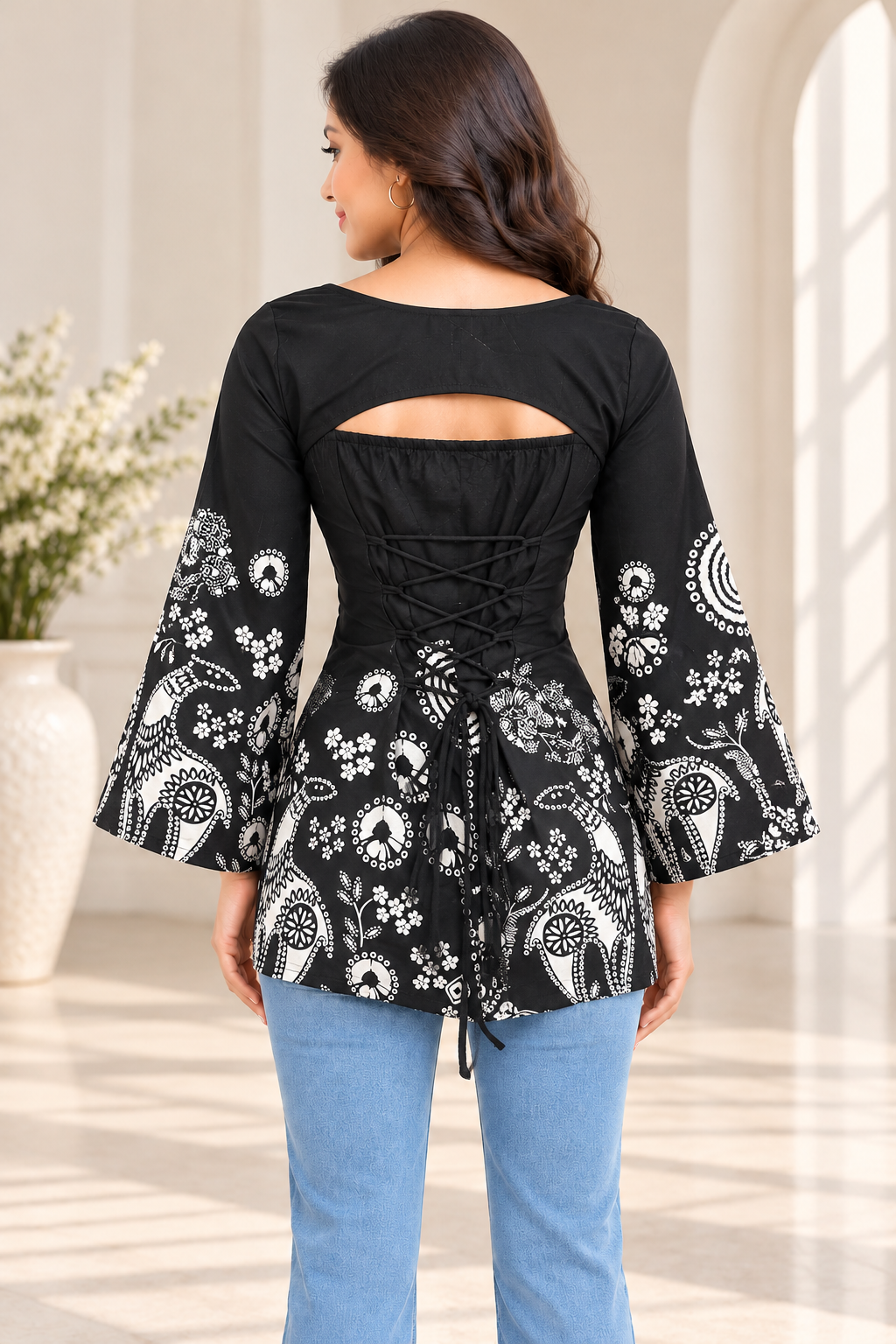 Avani Women's Black Floral Printed Cotton 2-in-1 Short Kurti with Detachable Full-Sleeve Shrug