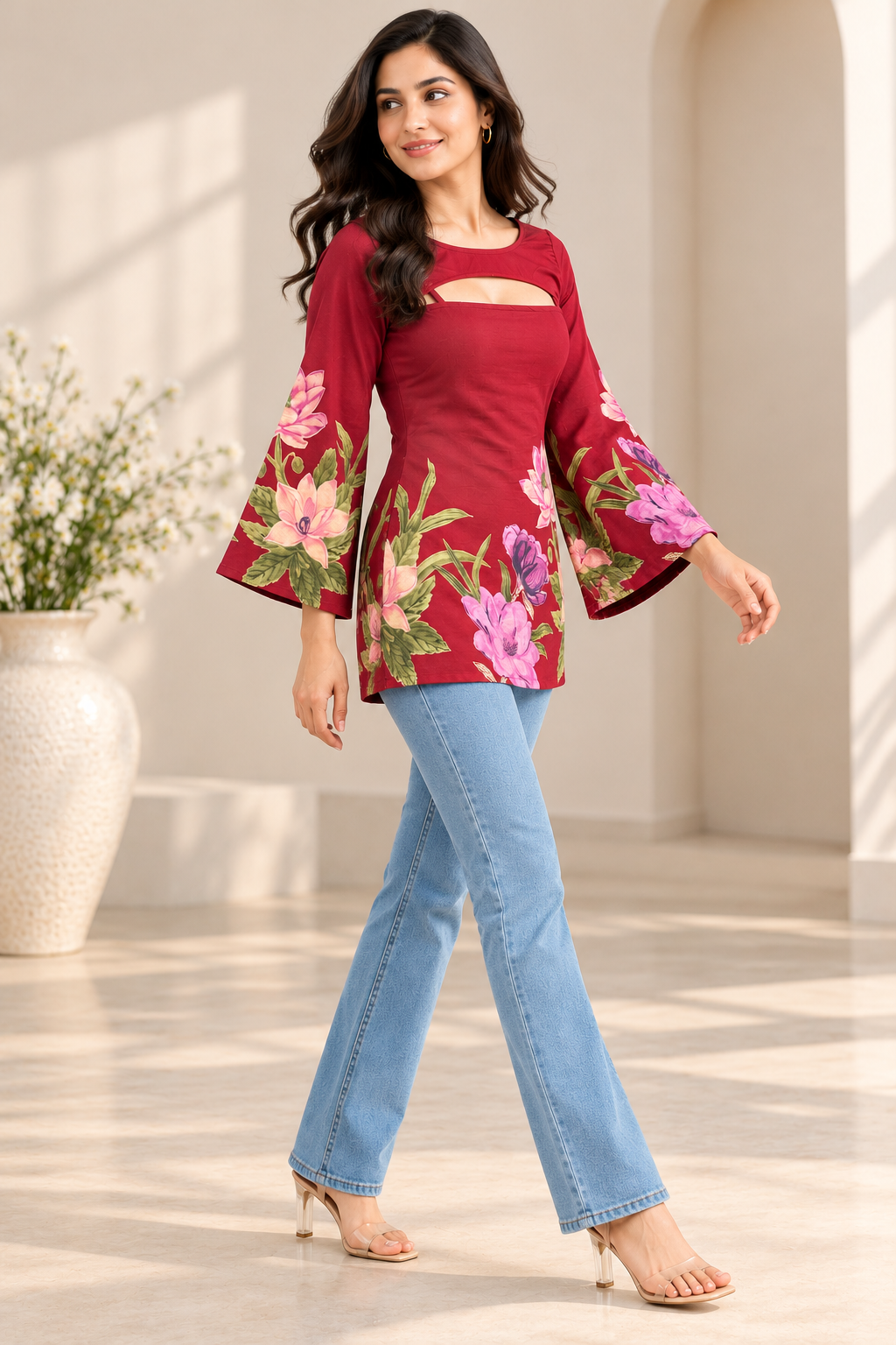 Avani Women's Maroon Floral Printed Cotton 2-in-1 Short Kurti with Detachable Full-Sleeve Shrug