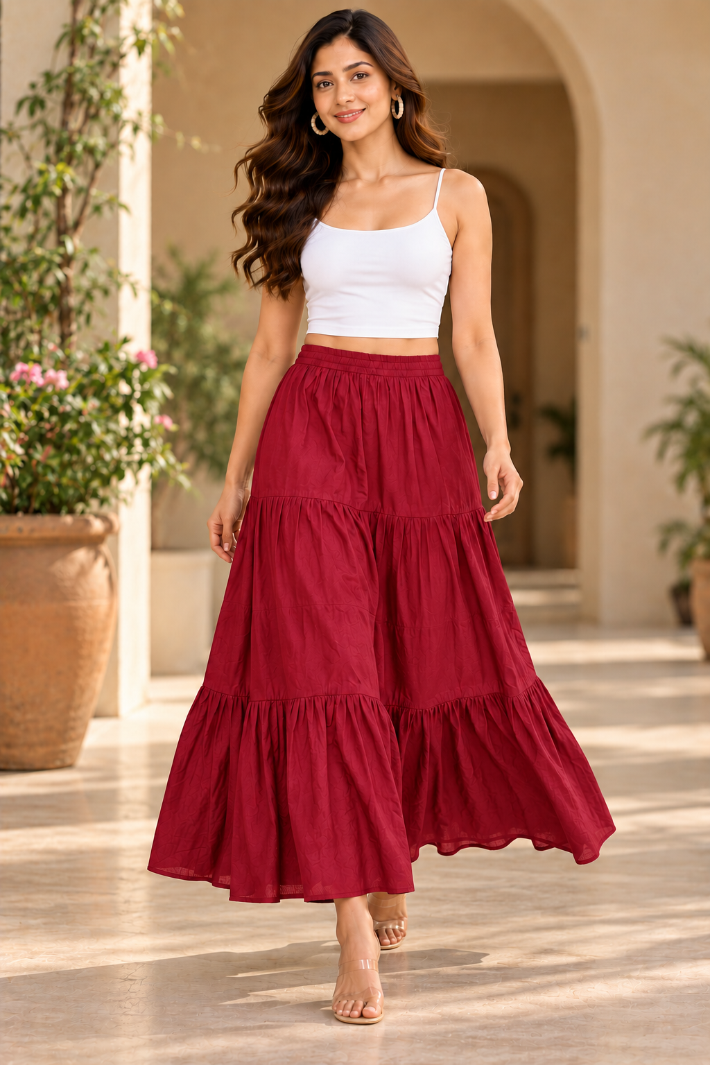 Sejal Red Women’s Tiered Maxi Skirt | High-Waist Flared Skirt for Navratri, Garba & Dandiya