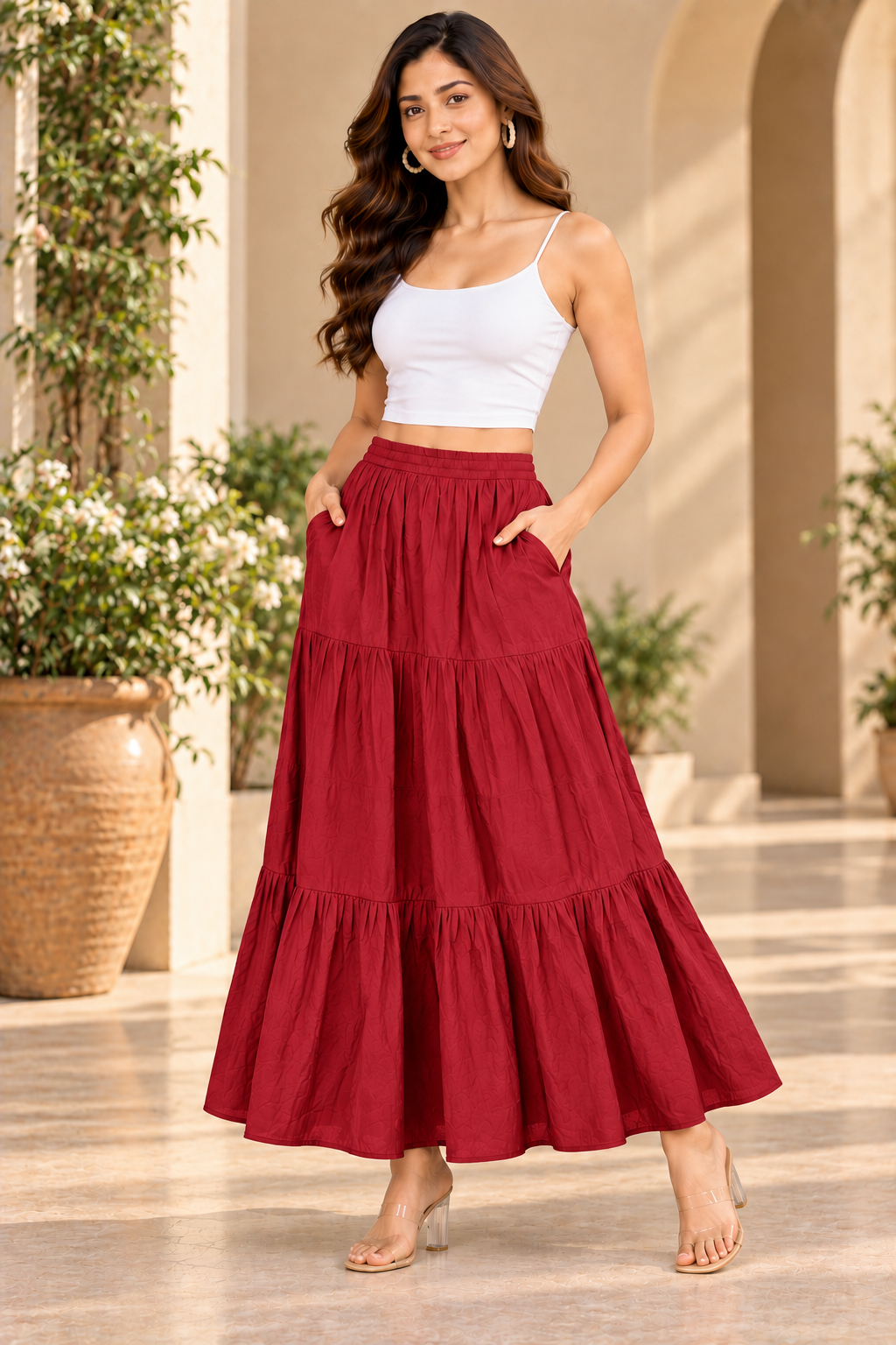 Sejal Red Women’s Tiered Maxi Skirt | High-Waist Flared Skirt for Navratri, Garba & Dandiya