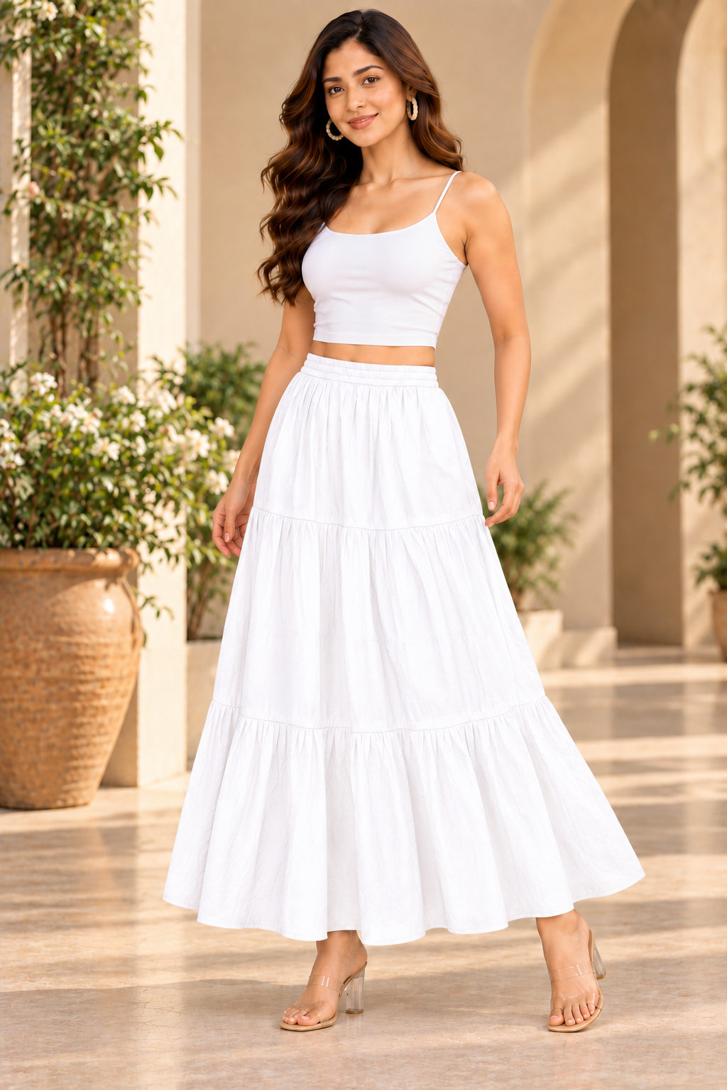 Sejal White Women’s Tiered Maxi Skirt | High-Waist Flared Skirt for Navratri, Garba & Dandiya