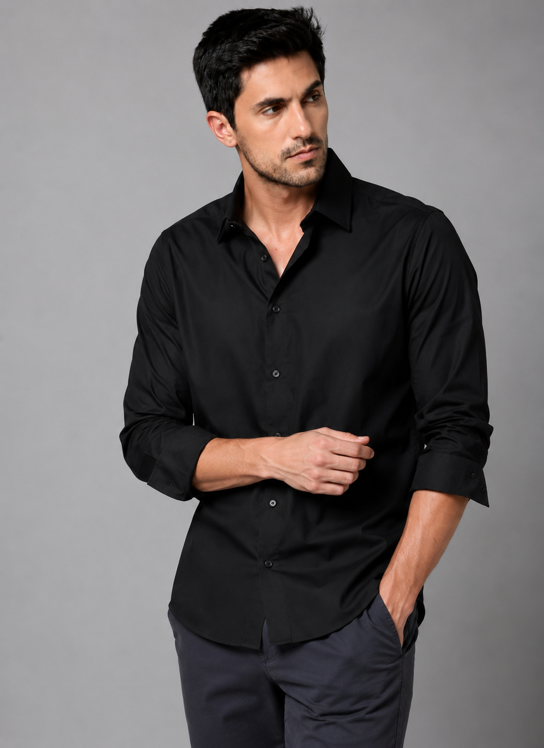 Black Cotton Formal Shirt for Men | Full Sleeve, Regular Fit