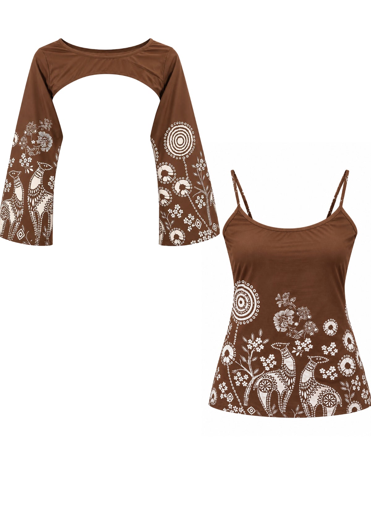 Avani Women's Brown Floral Printed Cotton 2-in-1 Short Kurti with Detachable Full-Sleeve Shrug