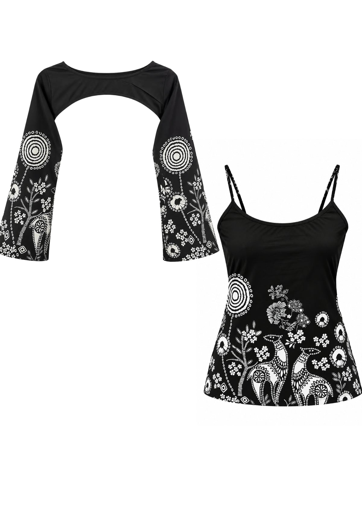 Avani Women's Black Floral Printed Cotton 2-in-1 Short Kurti with Detachable Full-Sleeve Shrug
