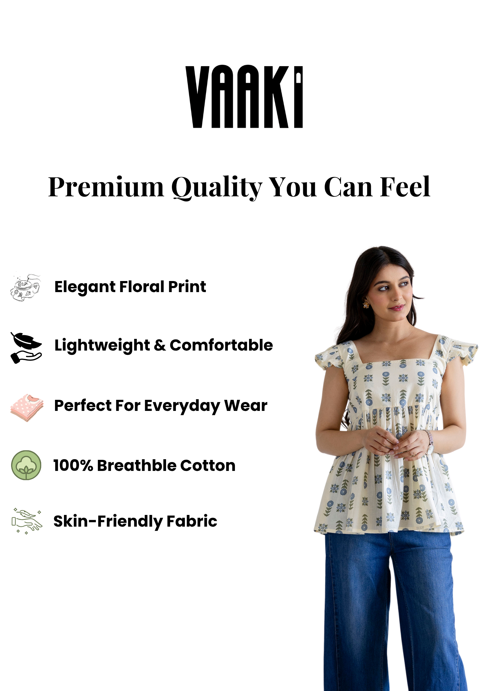 Cream Cotton Floral Kurti with Ruffled Sleeves