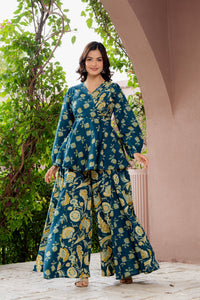 Draksha Teal Blue Printed Premium Cotton Co-ord Set