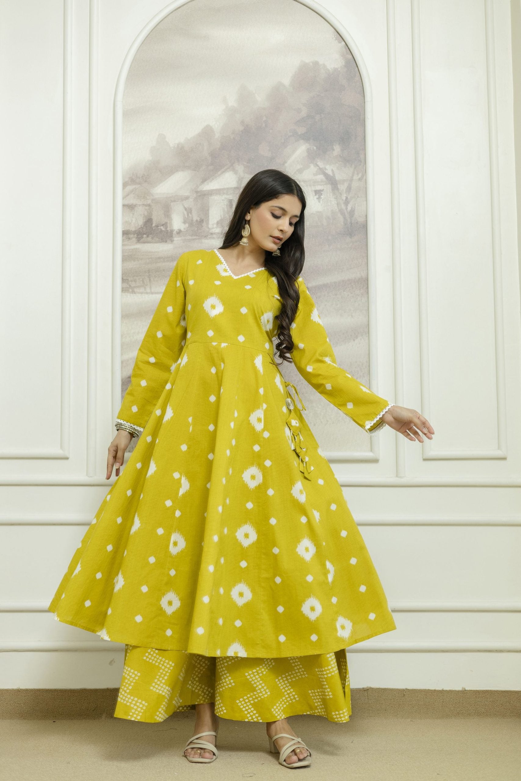Yellow ethnic A-Line Dress with Geometric Patterns and Flared Sleeves 1