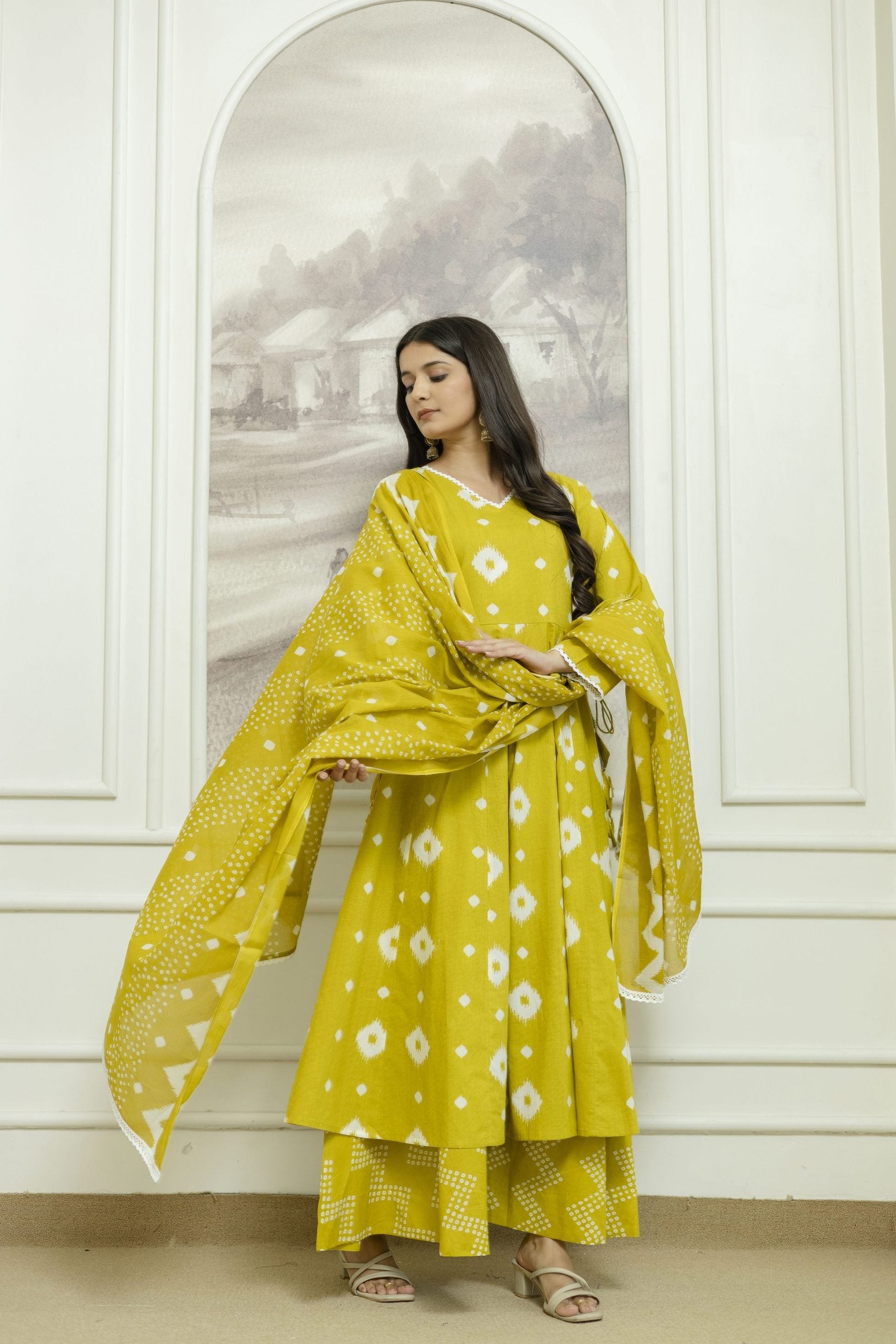 "Yellow ethnic A-Line Dress with Geometric Patterns and Flared Sleeves 4"
