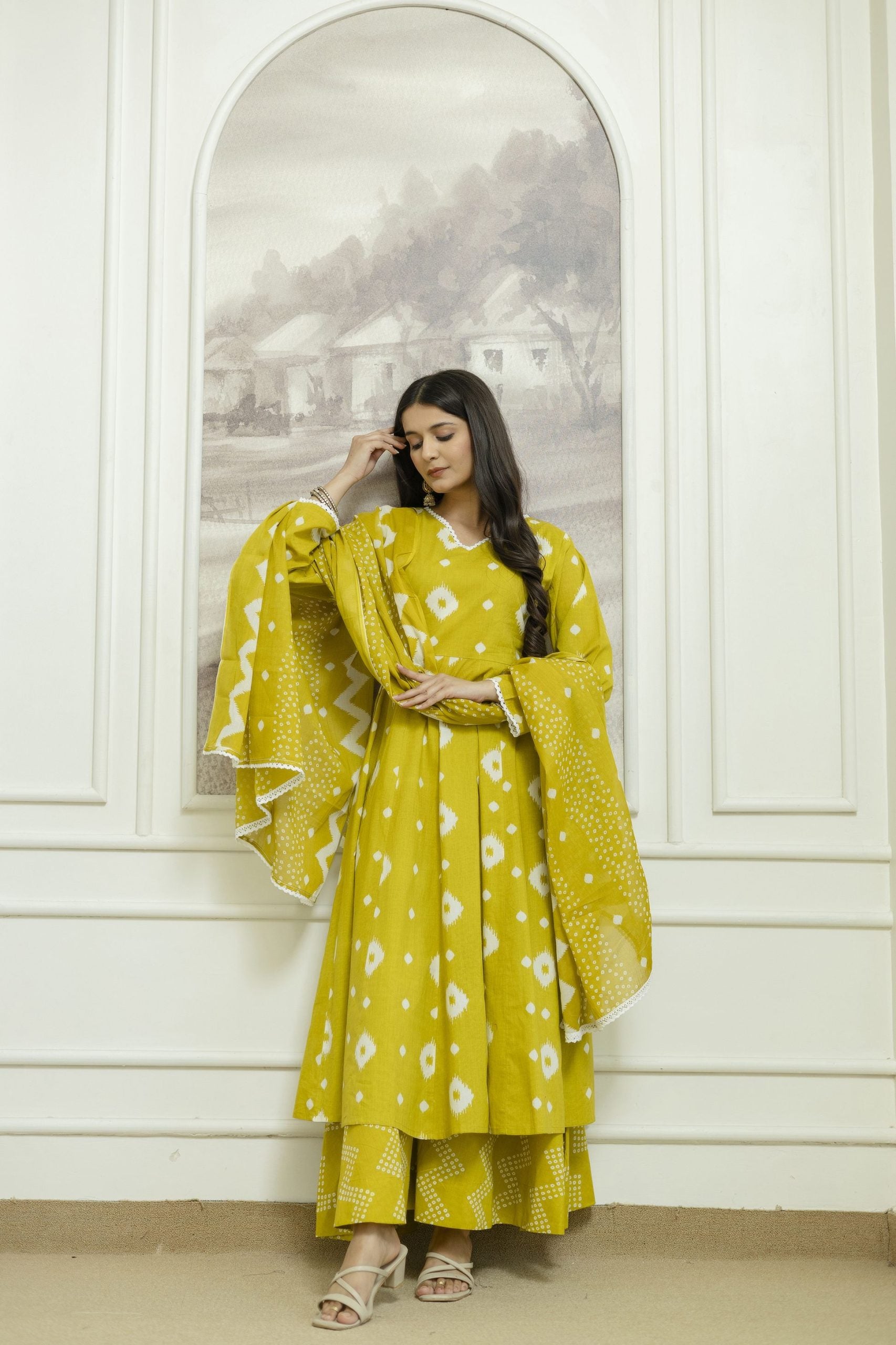 "Yellow ethnic A-Line Dress with Geometric Patterns and Flared Sleeves 10"