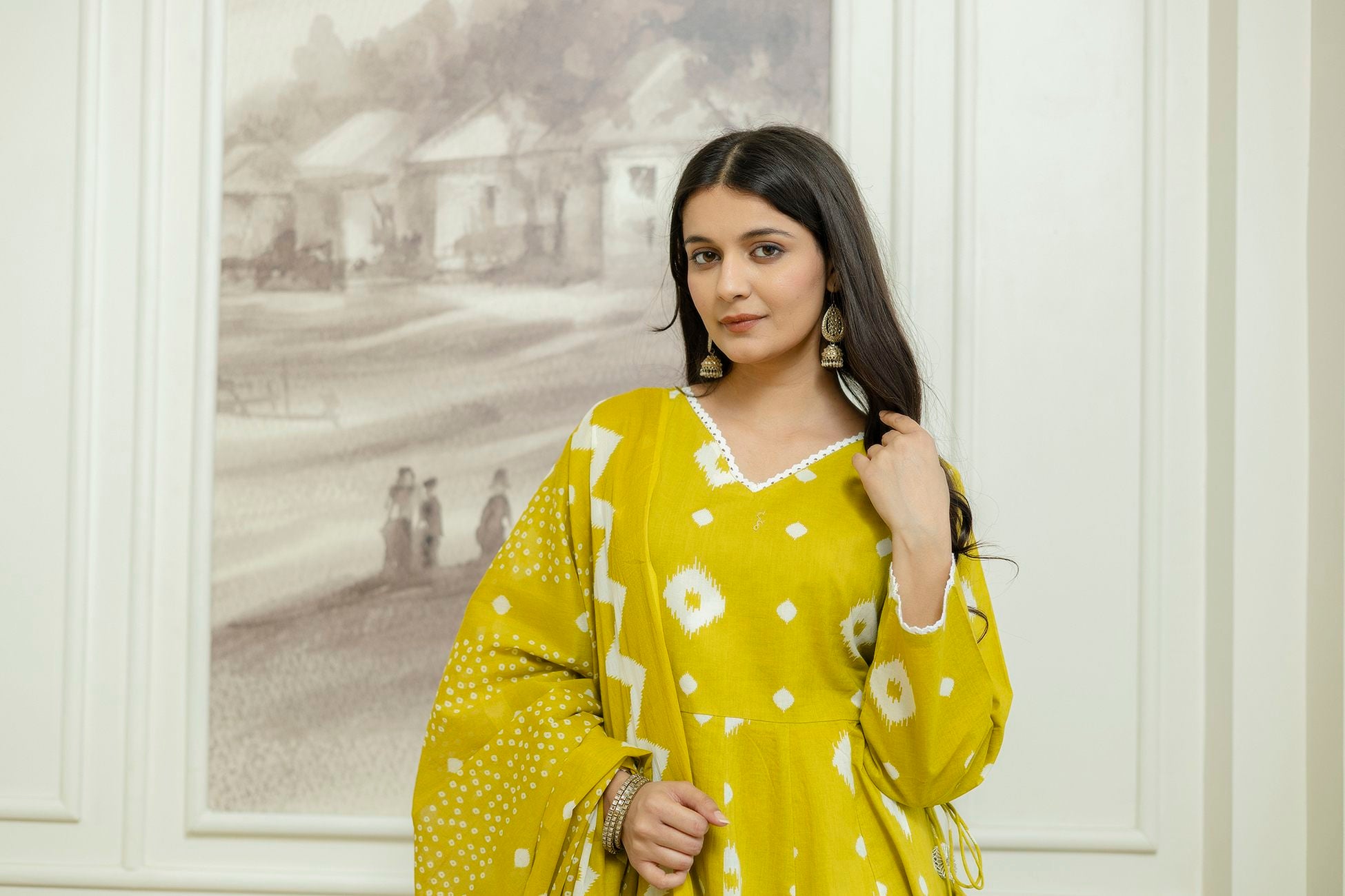 "Yellow ethnic A-Line Dress with Geometric Patterns and Flared Sleeves 8"