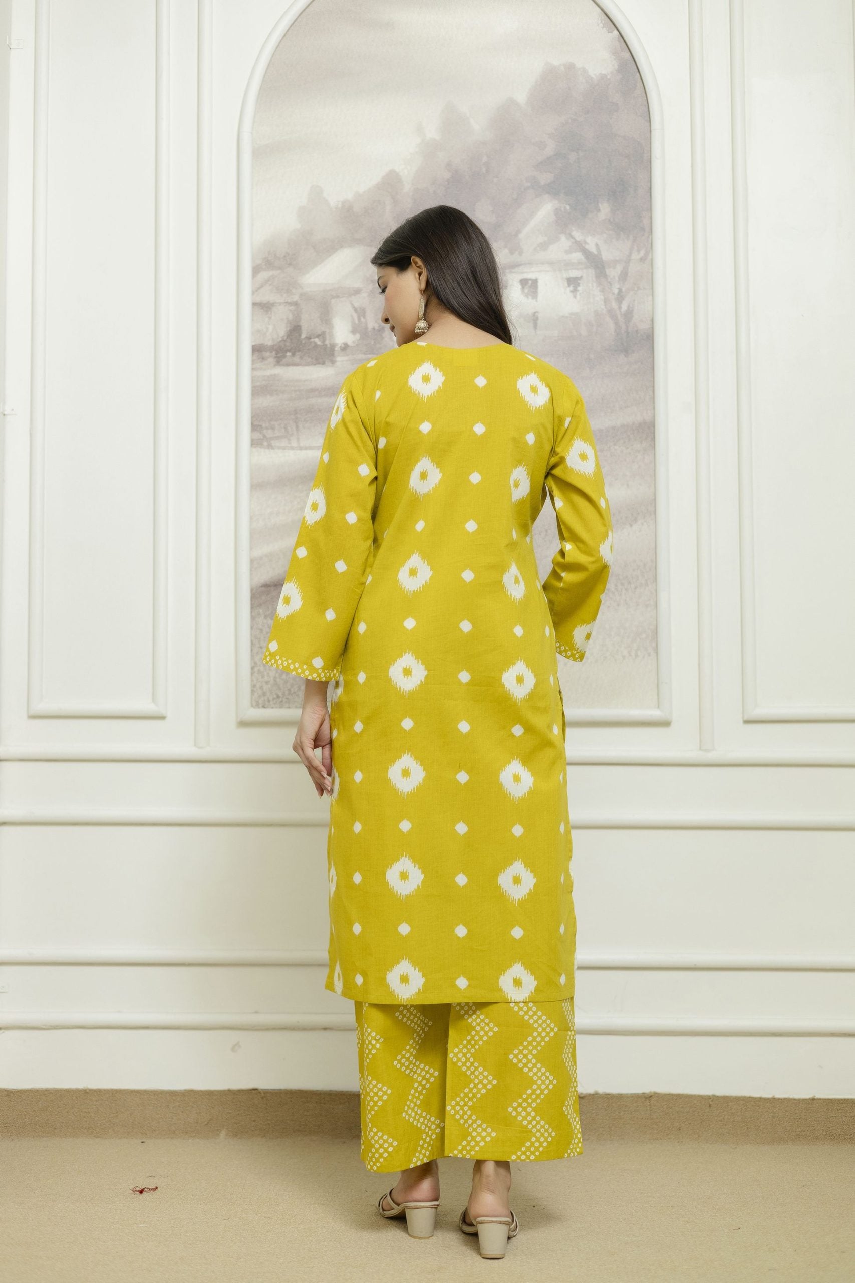 "Vibrant Yellow Kurta Set with Geometric Patterns and Matching Dupatta - Vaaki 128"