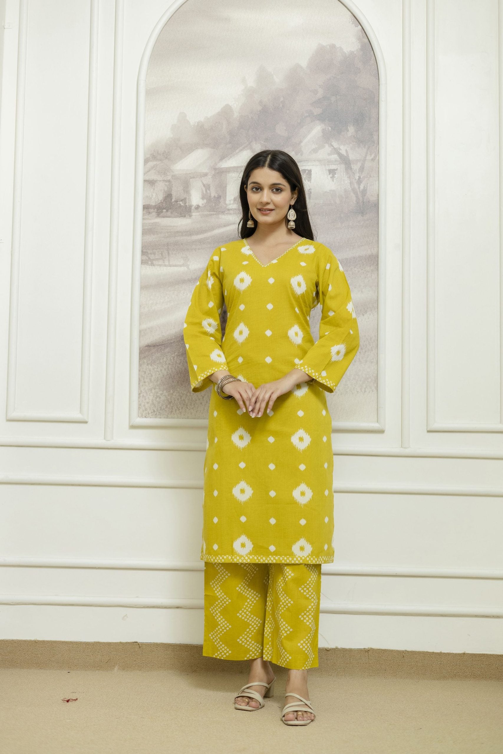 "Vibrant Yellow Kurta Set with Geometric Patterns and Matching Dupatta - Vaaki 127"