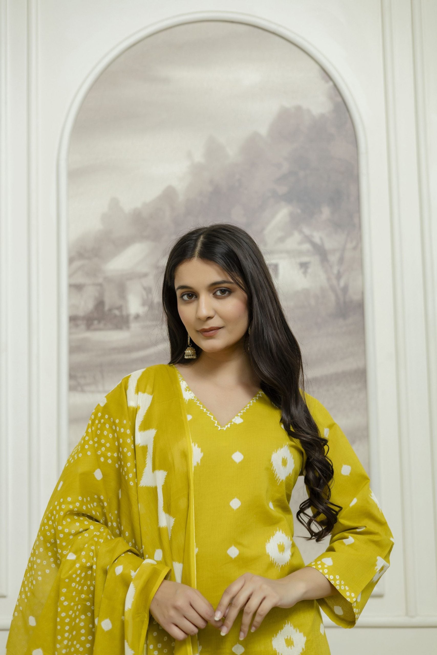 "Vibrant Yellow Kurta Set with Geometric Patterns and Matching Dupatta - Vaaki 126"