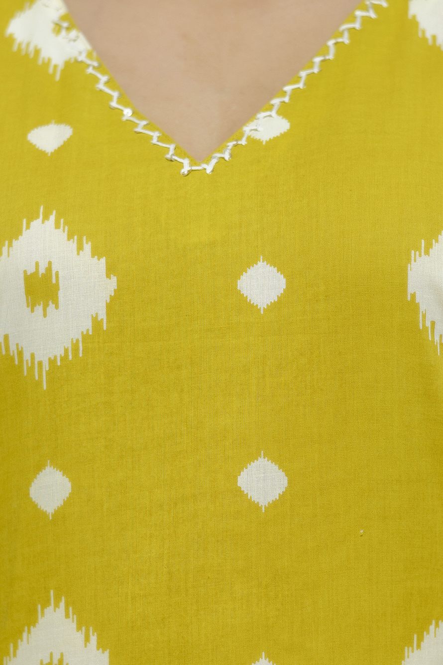 "Vibrant Yellow Kurta Set with Geometric Patterns and Matching Dupatta - Vaaki 125"