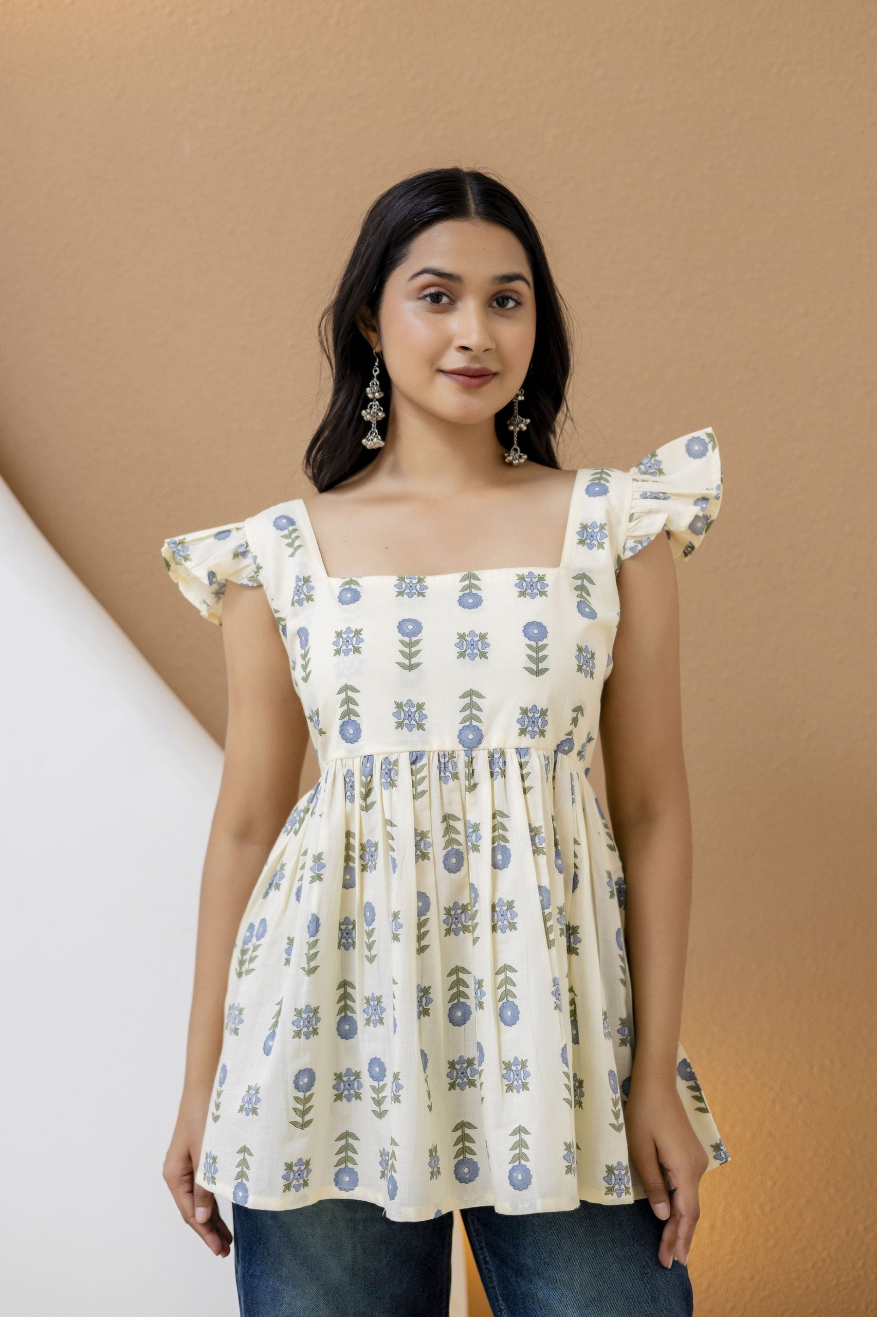 Reva Green Block Printed Cotton Kurti with Pom-Pom Back Detail & Square Neck by Vaaki