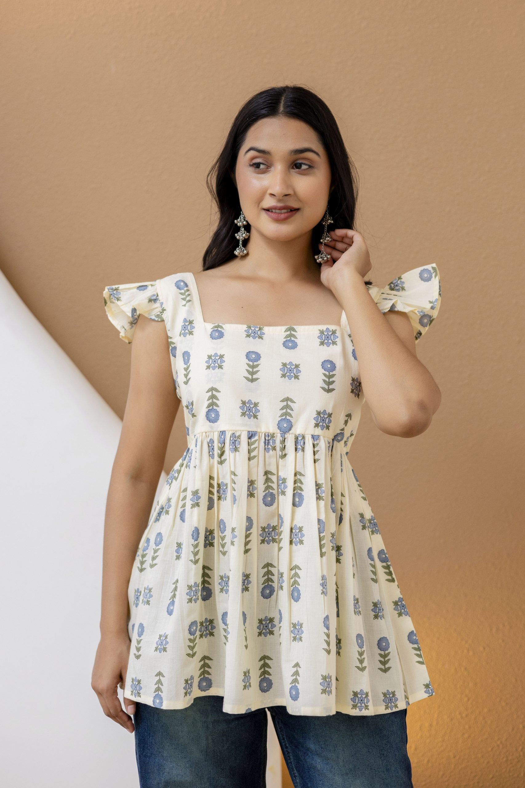 Reva Green Block Printed Cotton Kurti with Pom-Pom Back Detail & Square Neck by Vaaki