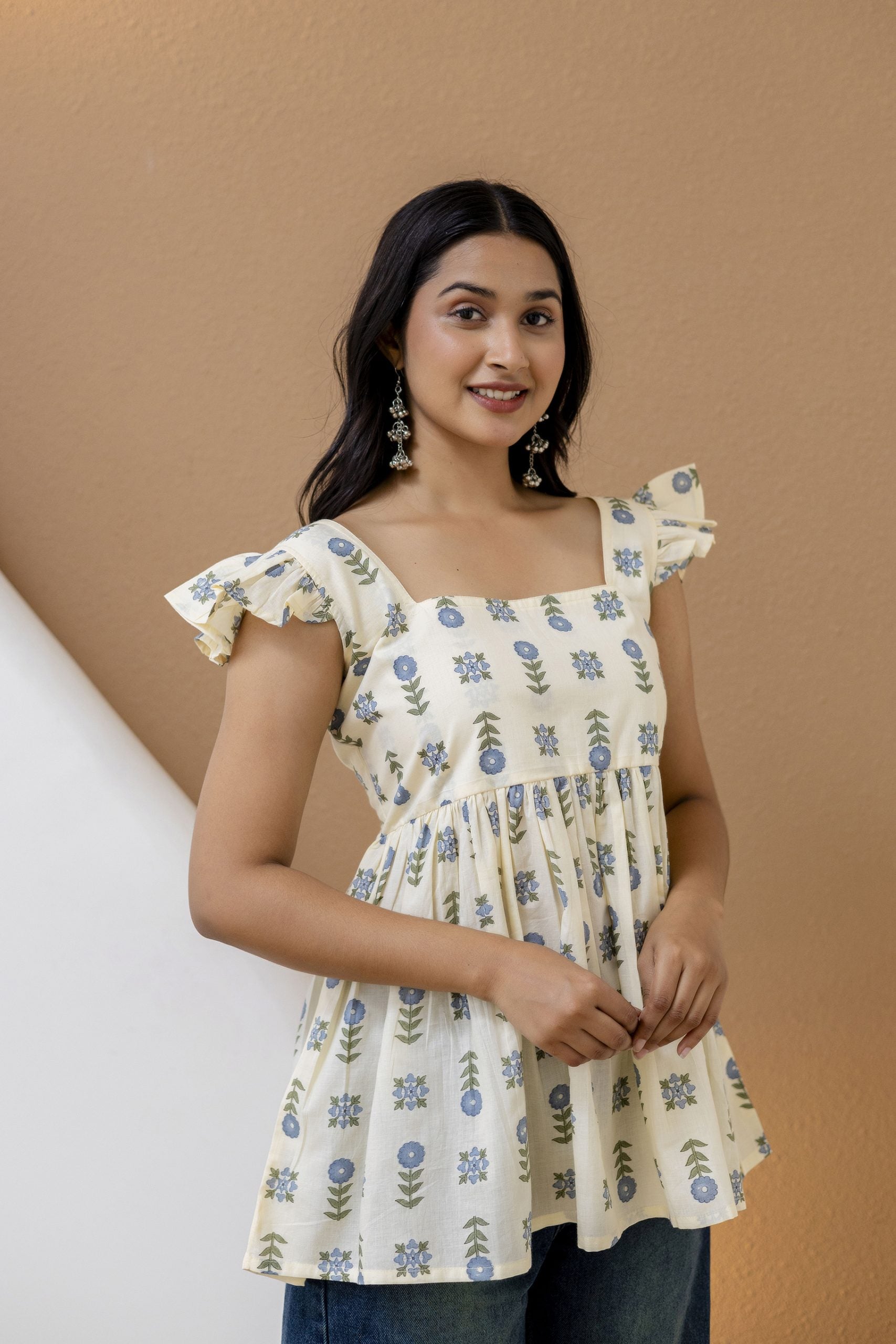 Mohini Cream Cotton Floral Short Kurti with Ruffled Sleeves & Square Neck by Vaaki