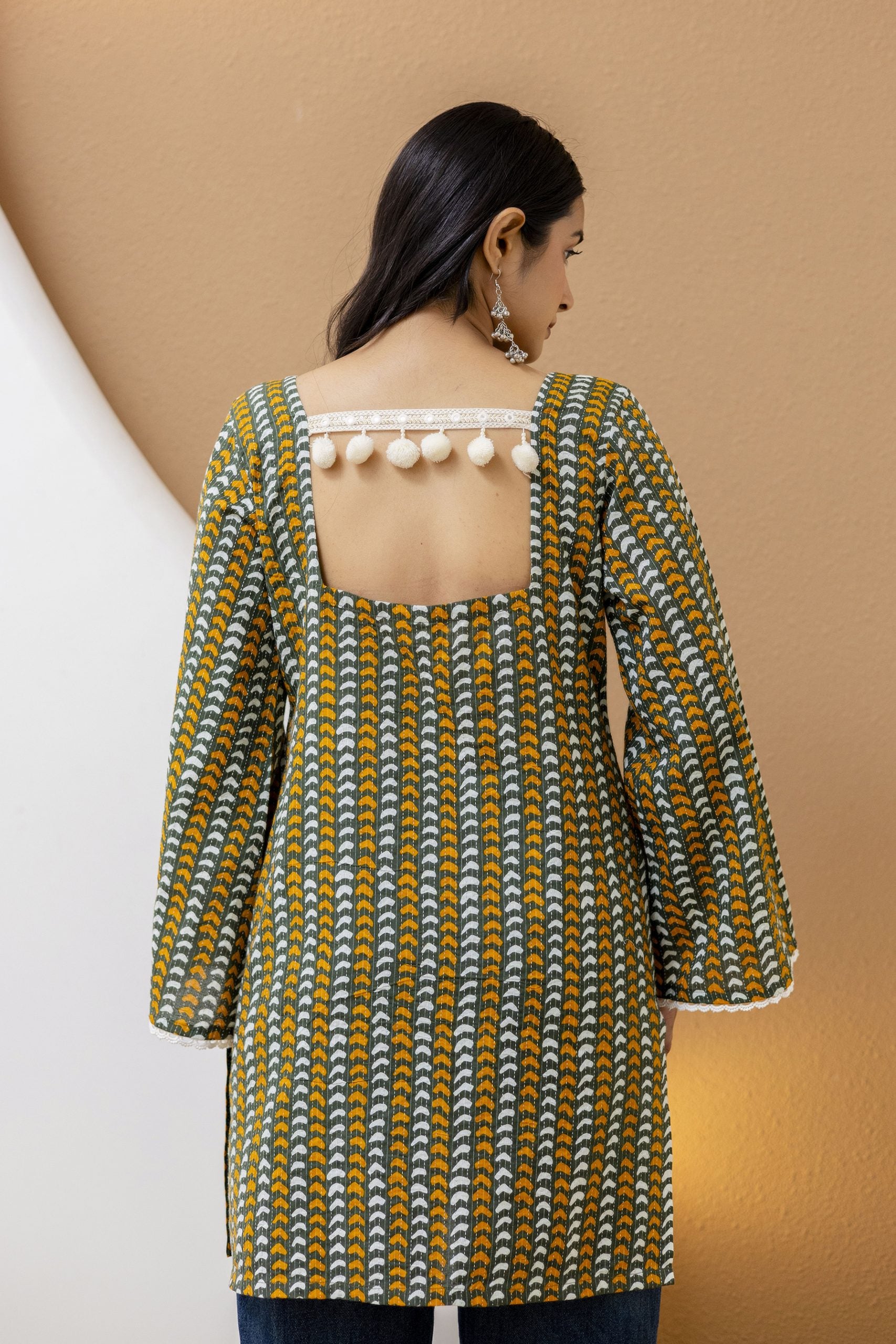 "Cream Cotton Floral Kurti with Ruffled Sleeves"