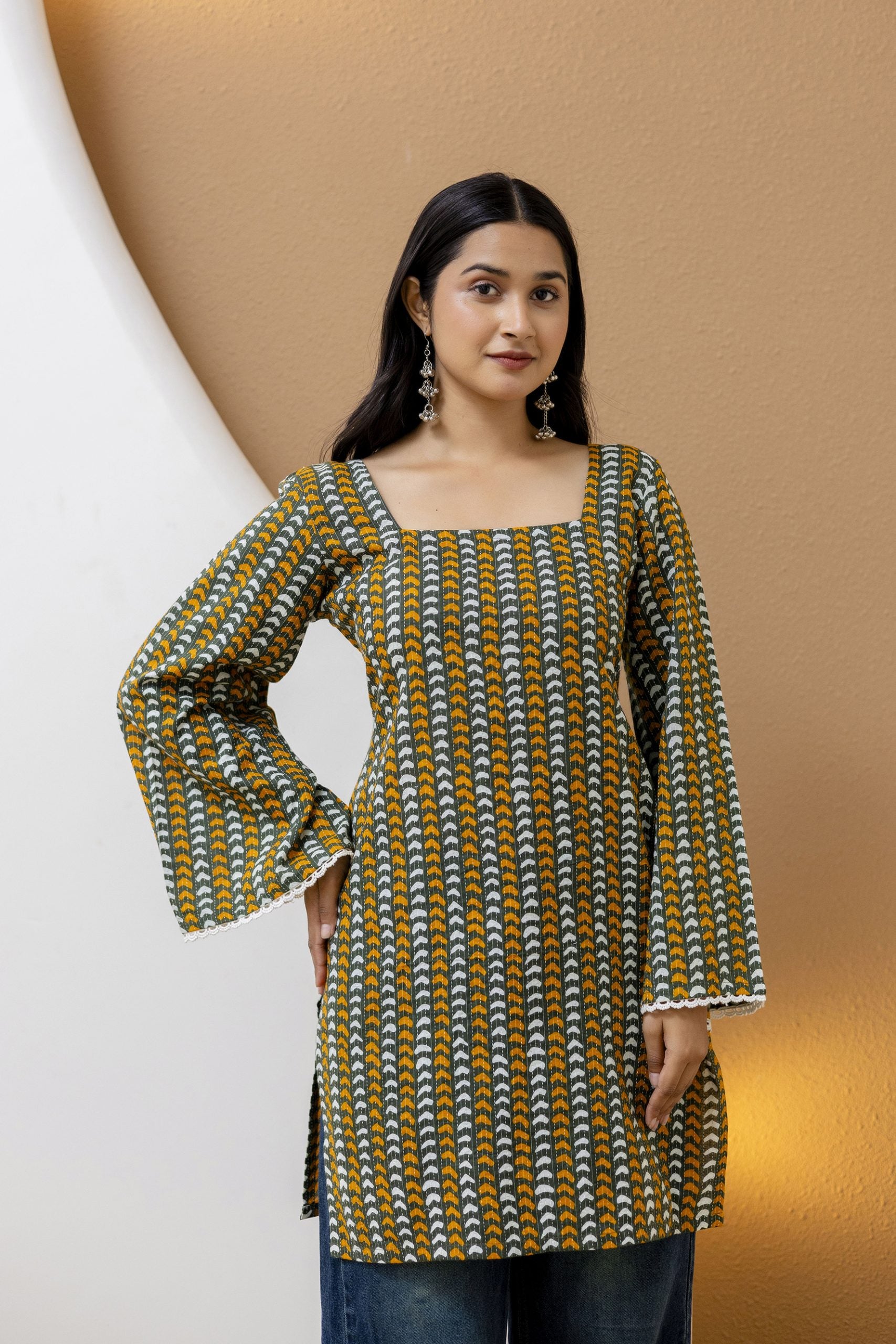 "Cream Cotton Floral Kurti with Ruffled Sleeves"