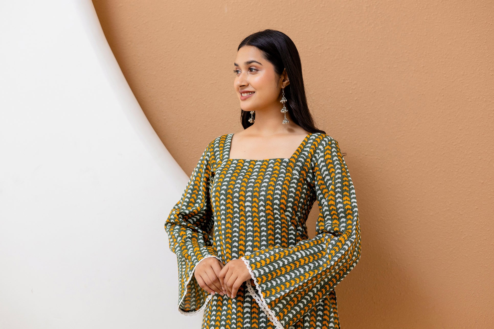 "Cream Cotton Floral Kurti with Ruffled Sleeves"