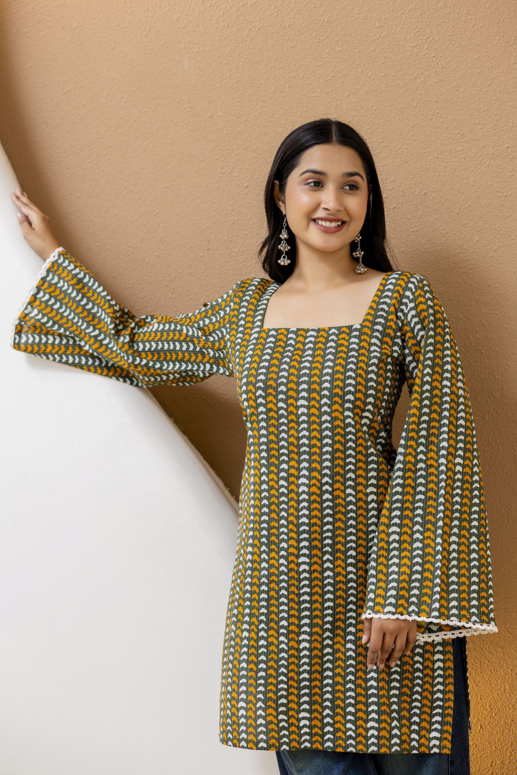 "Cream Cotton Floral Kurti with Ruffled Sleeves"
