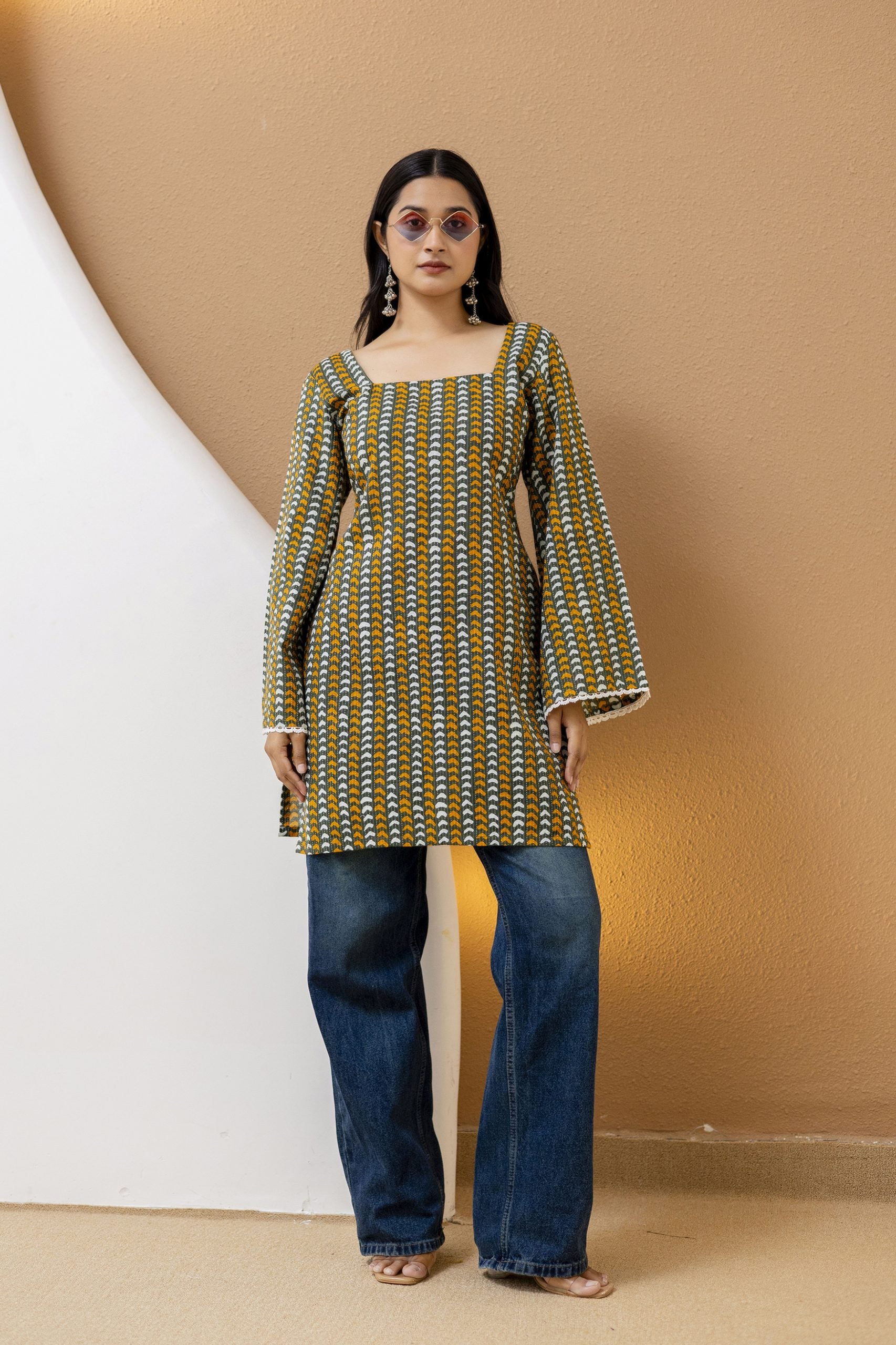 "Cream Cotton Floral Kurti with Ruffled Sleeves"