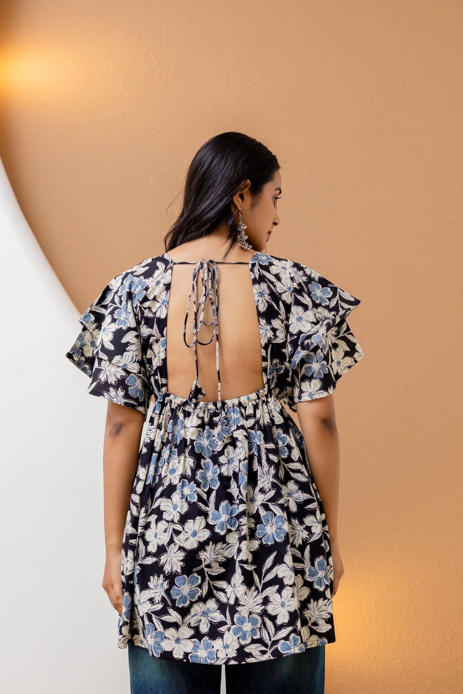 "Cream Cotton Floral Kurti with Ruffled Sleeves"