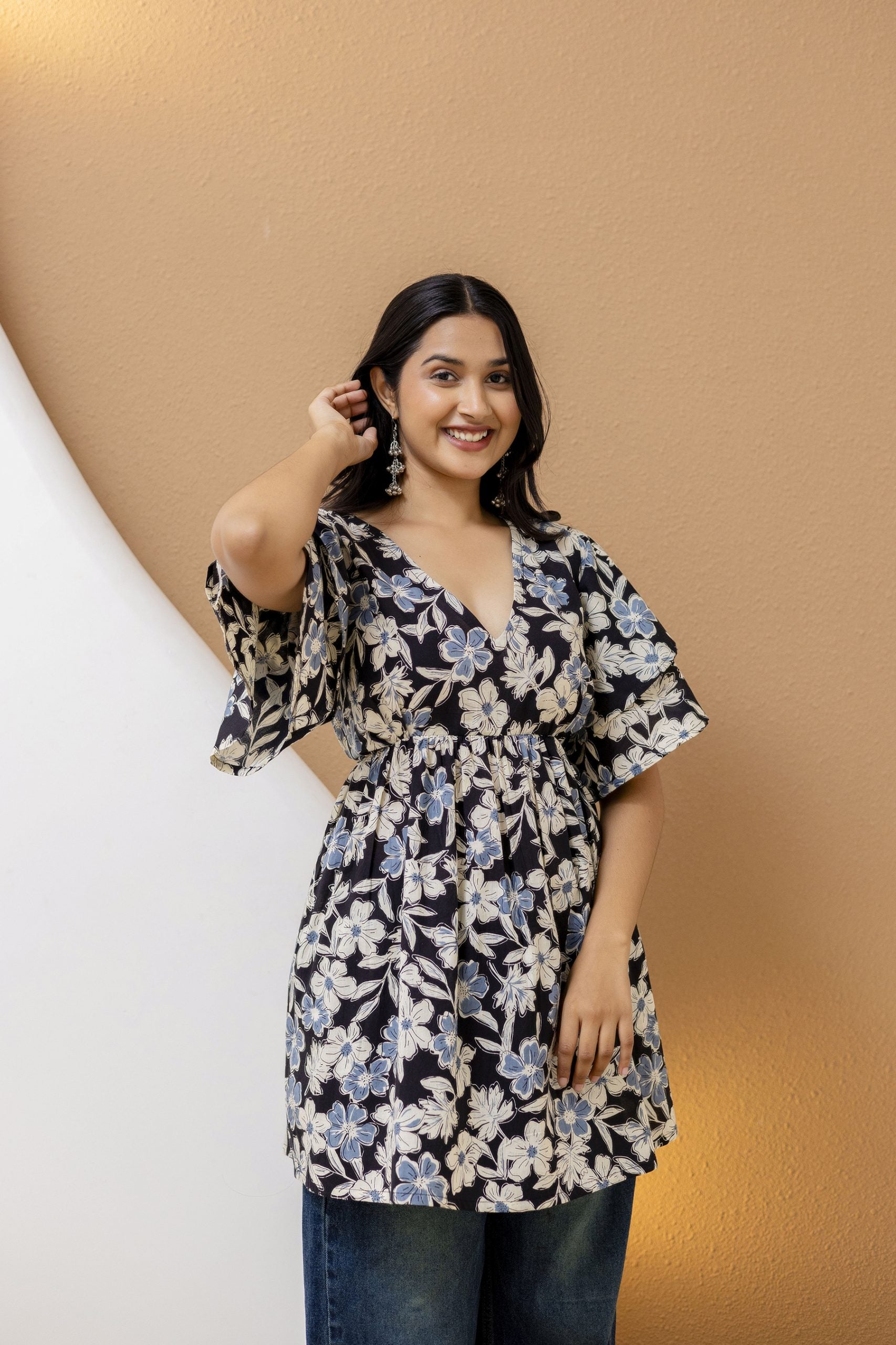 "Cream Cotton Floral Kurti with Ruffled Sleeves"