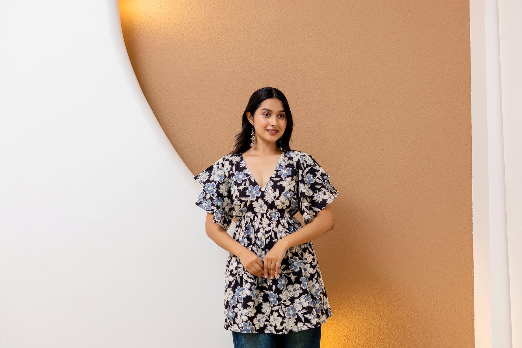 "Cream Cotton Floral Kurti with Ruffled Sleeves"