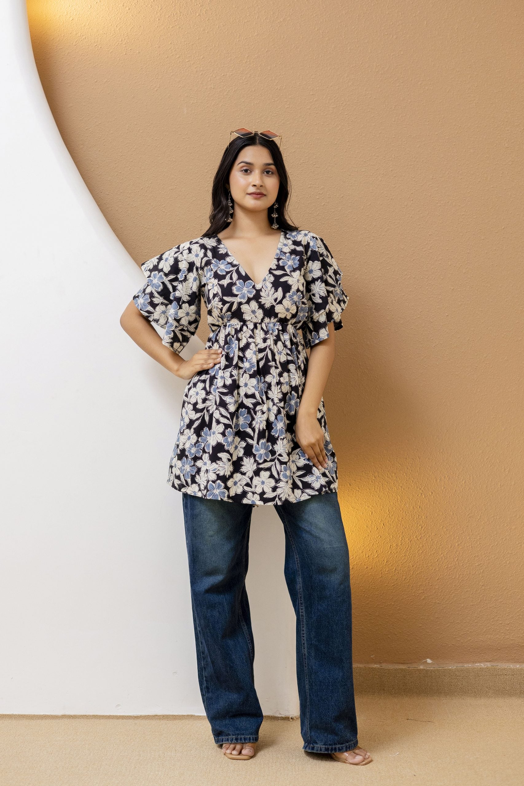 "Cream Cotton Floral Kurti with Ruffled Sleeves"