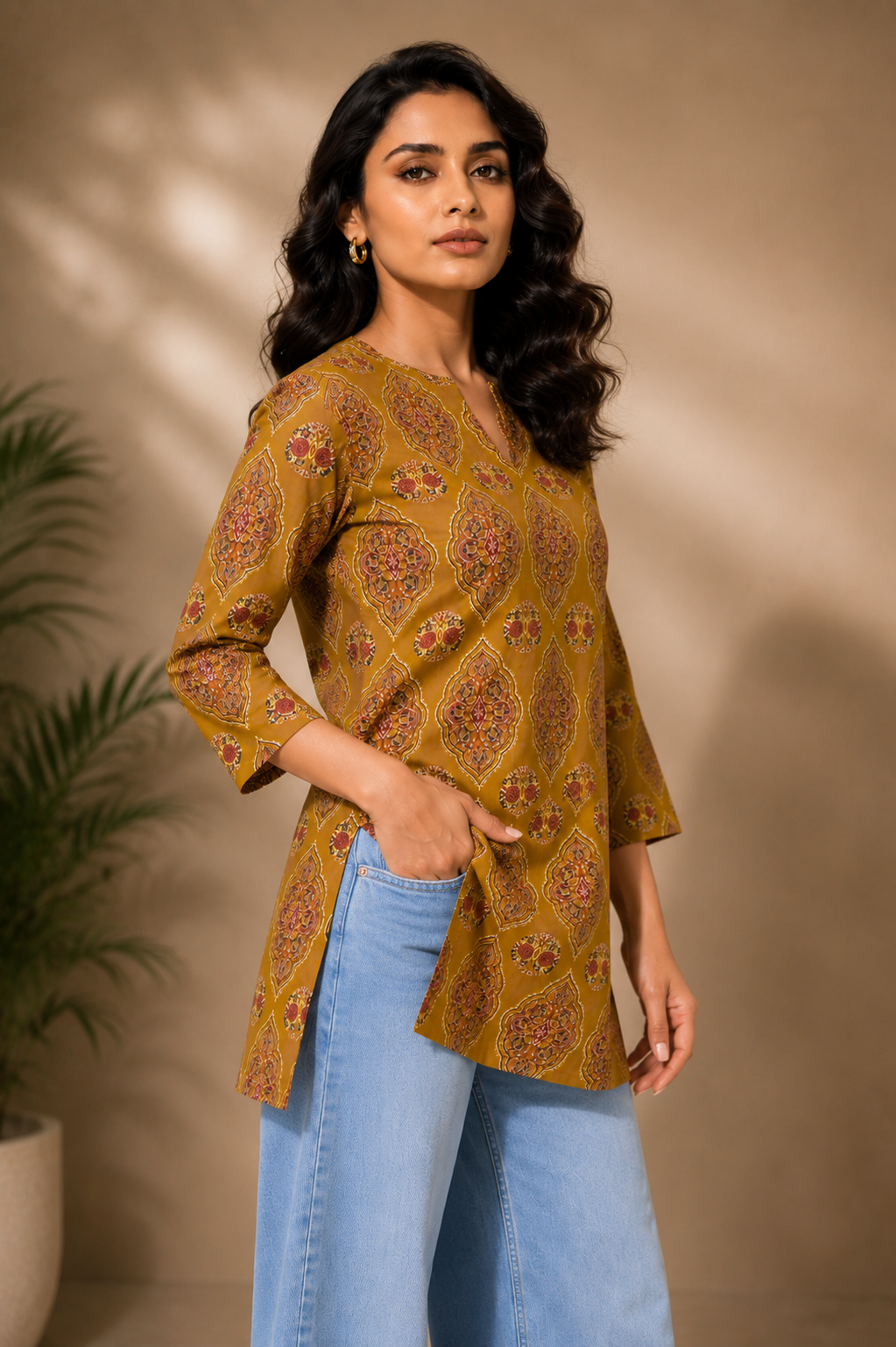 Nitya Women's Mustard Ethnic Printed Cotton Kurti Top | 100% Premium Cotton