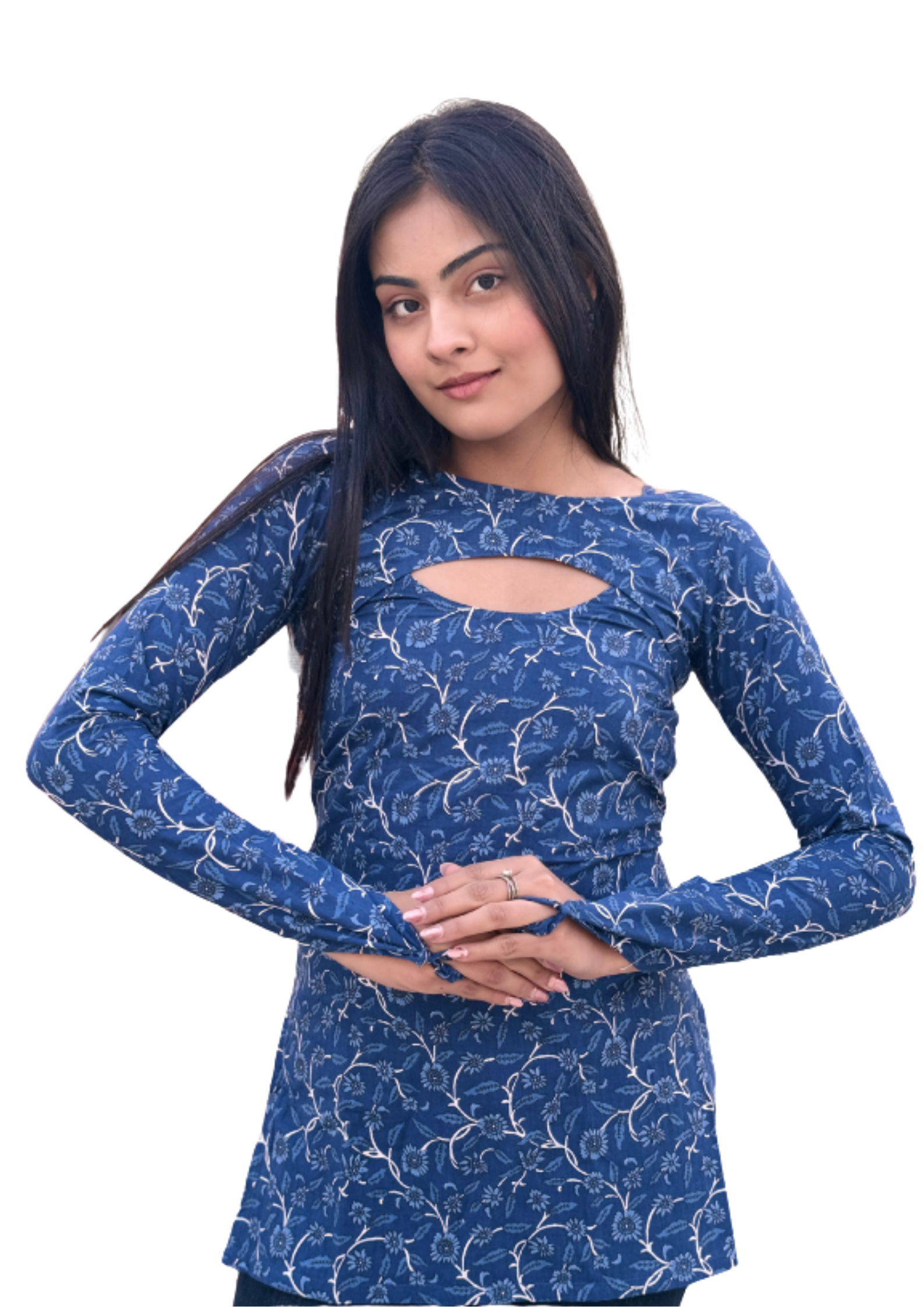 Blue Cotton Floral Print Kurti Top for Women | Full Sleeve Cut-Out Neck Casual Ethnic Tunic