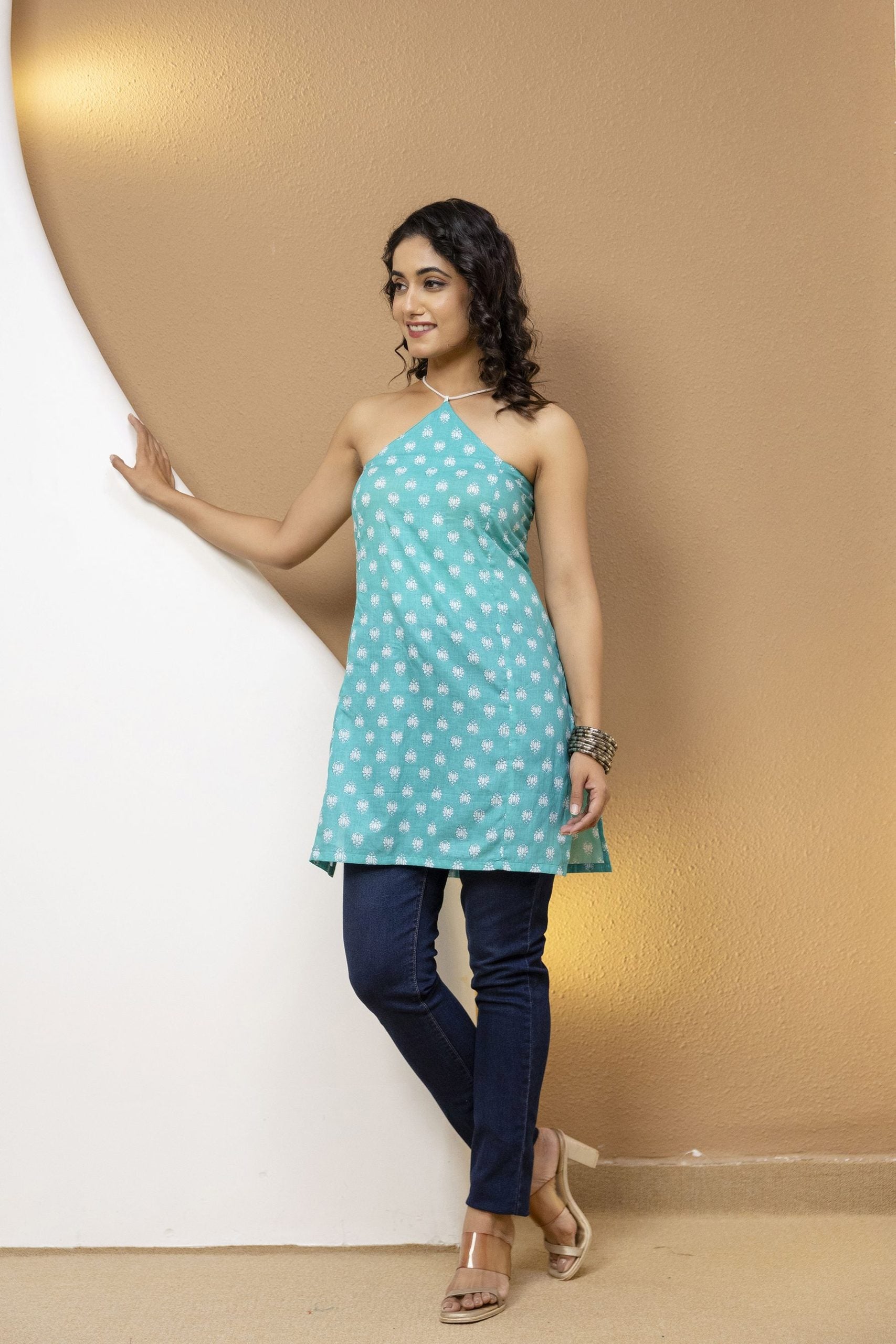 "Mohini Turquoise Blue Buti Print Corset Kurti"