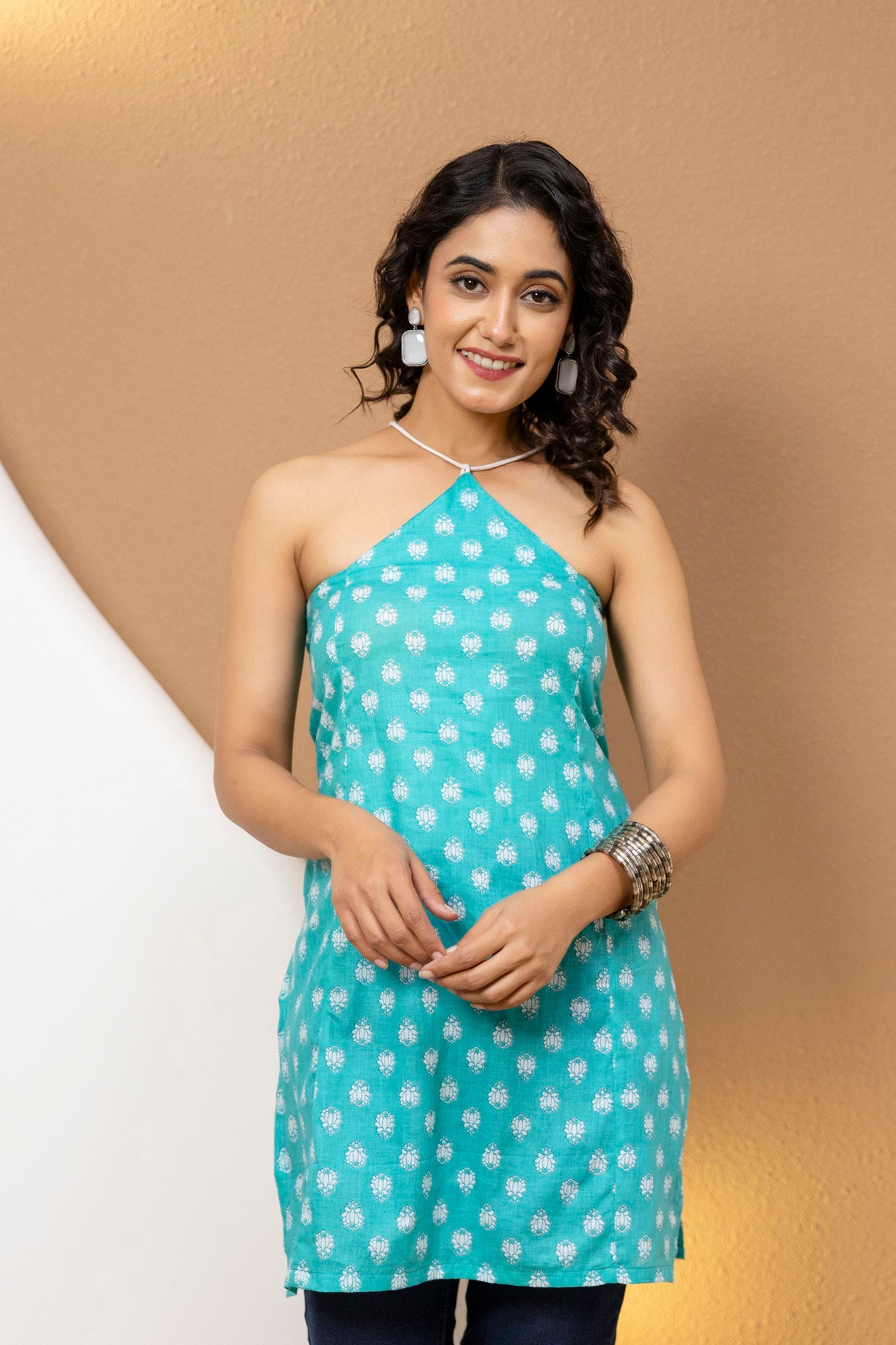 "Mohini Turquoise Blue Buti Print Corset Kurti"