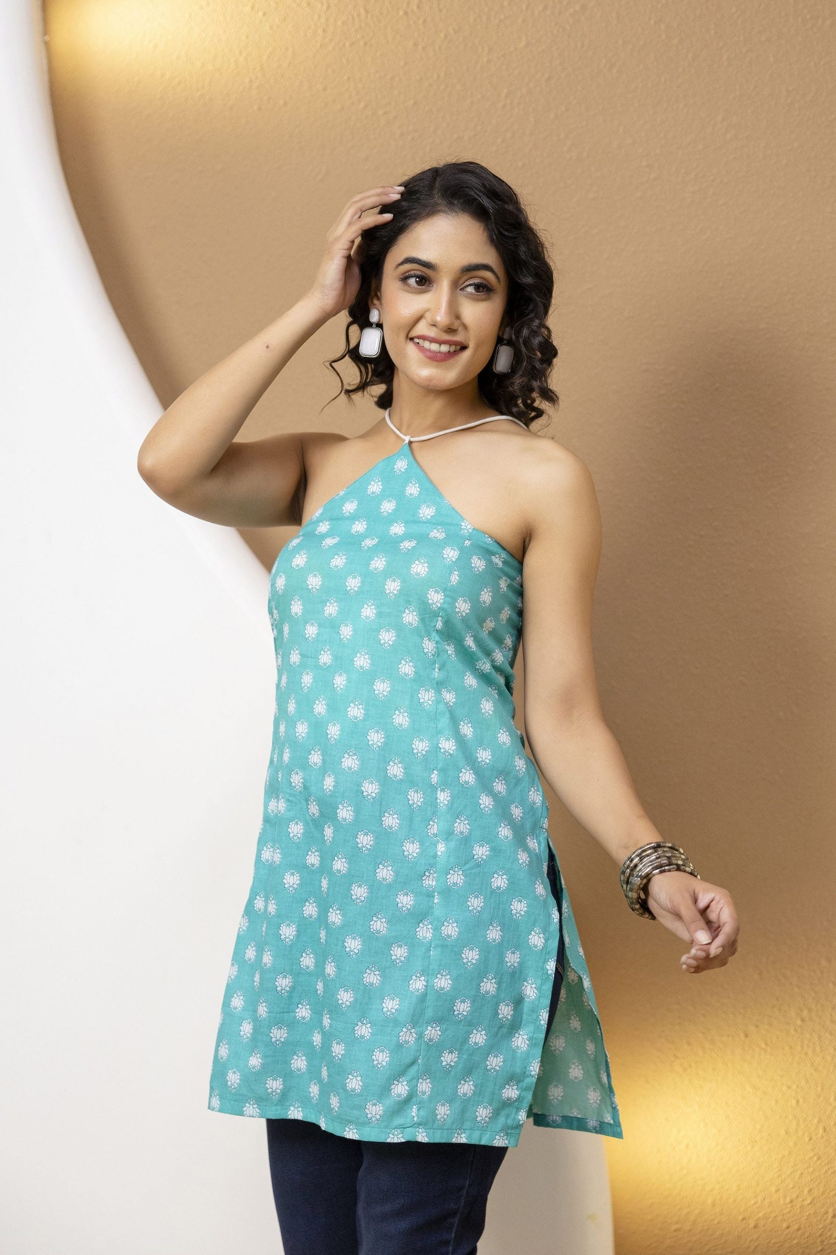 Mohini Turquoise Blue Buti Print Corset Kurti, Bold Ethnic Fusion by Vaaki