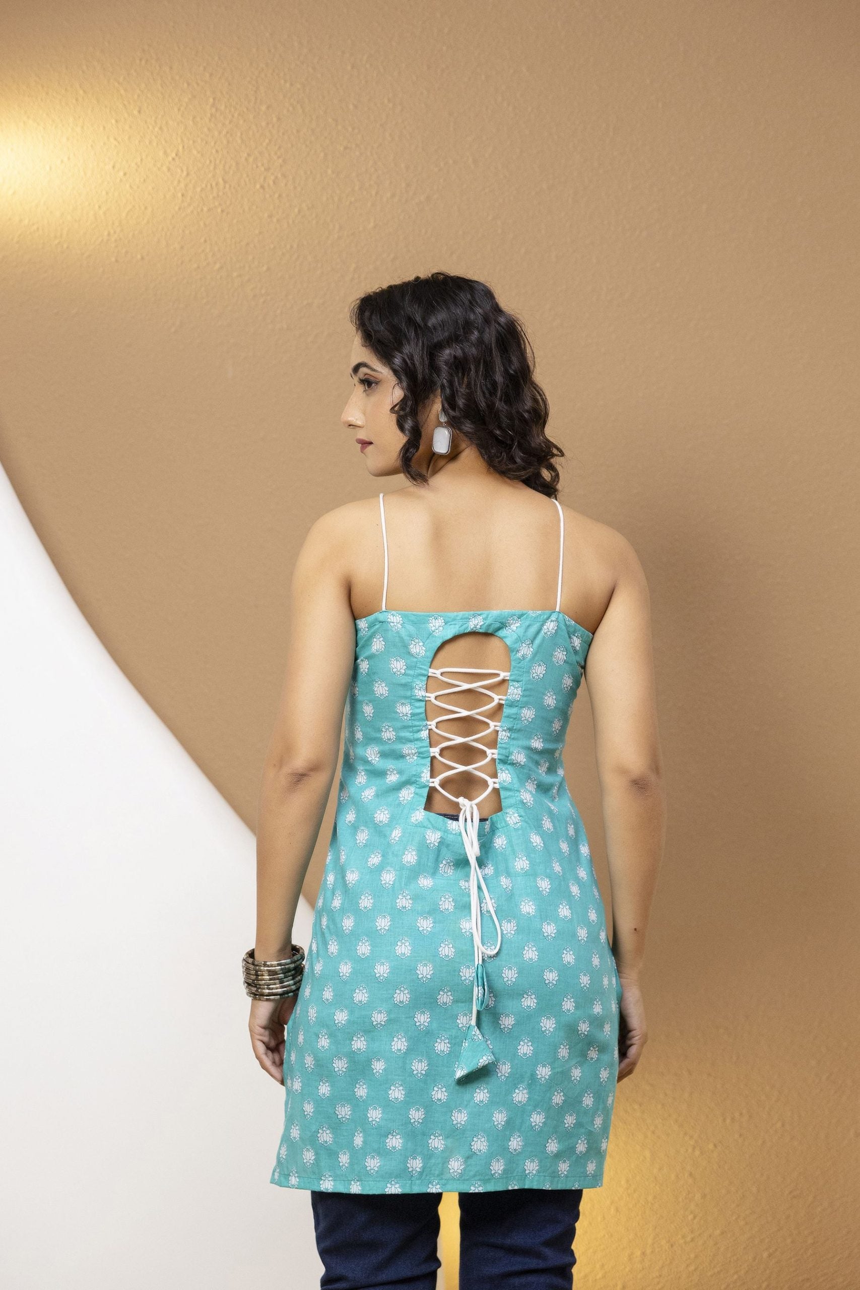 "Mohini Turquoise Blue Buti Print Corset Kurti"