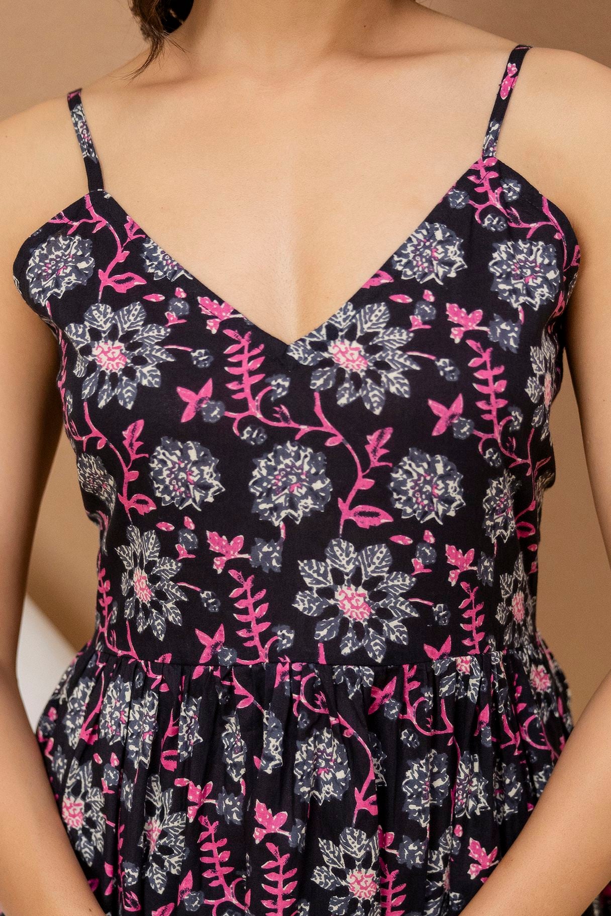 "Mohini Black Floral Strappy Cotton Kurti"