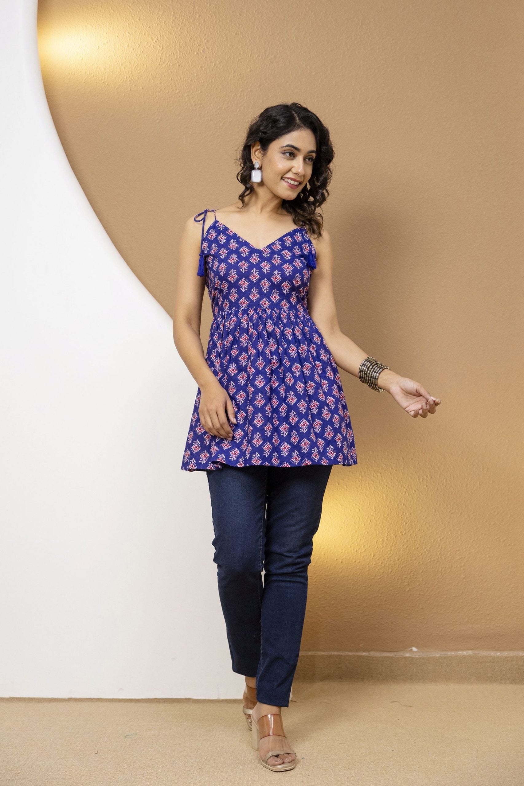 "Mohini Blue Printed Tie-Up Strap Tunic"