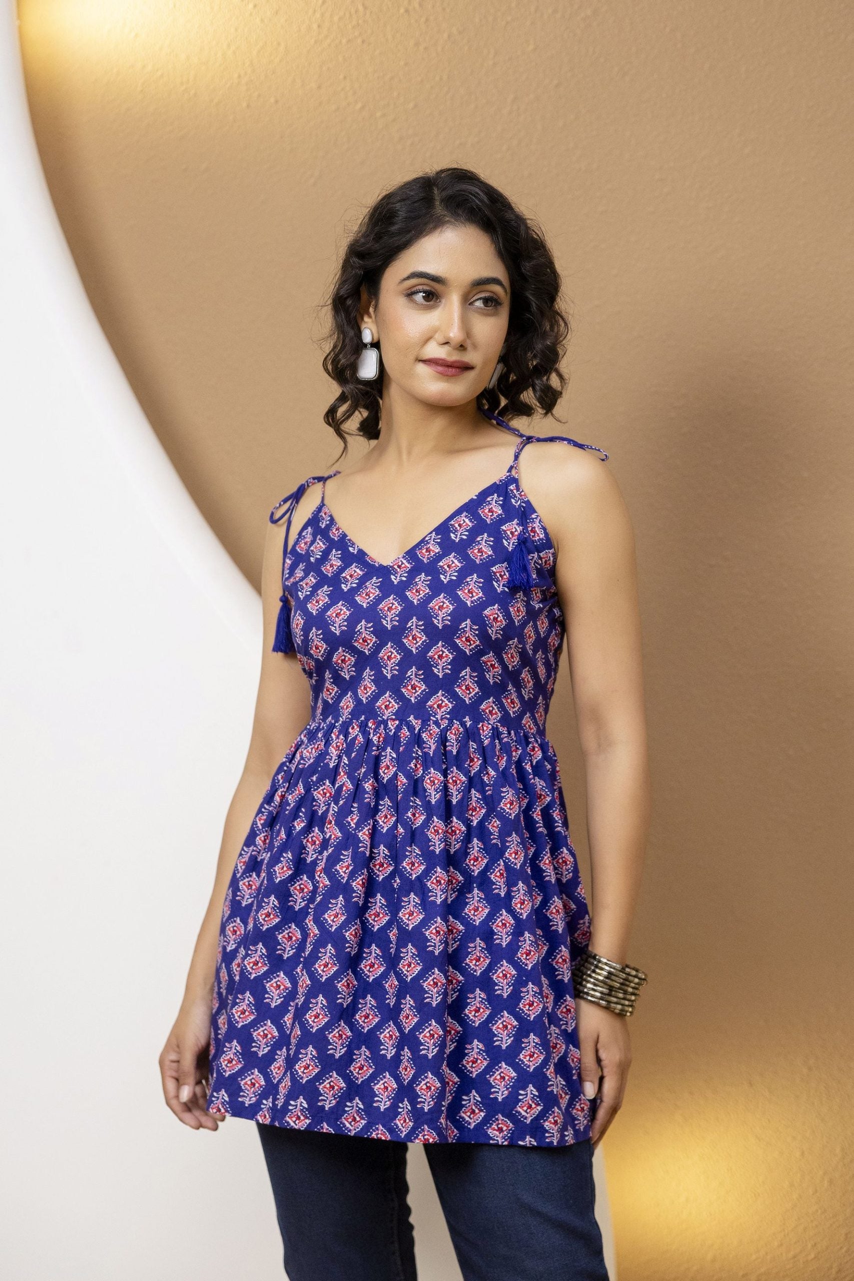 "Mohini Blue Printed Tie-Up Strap Tunic"
