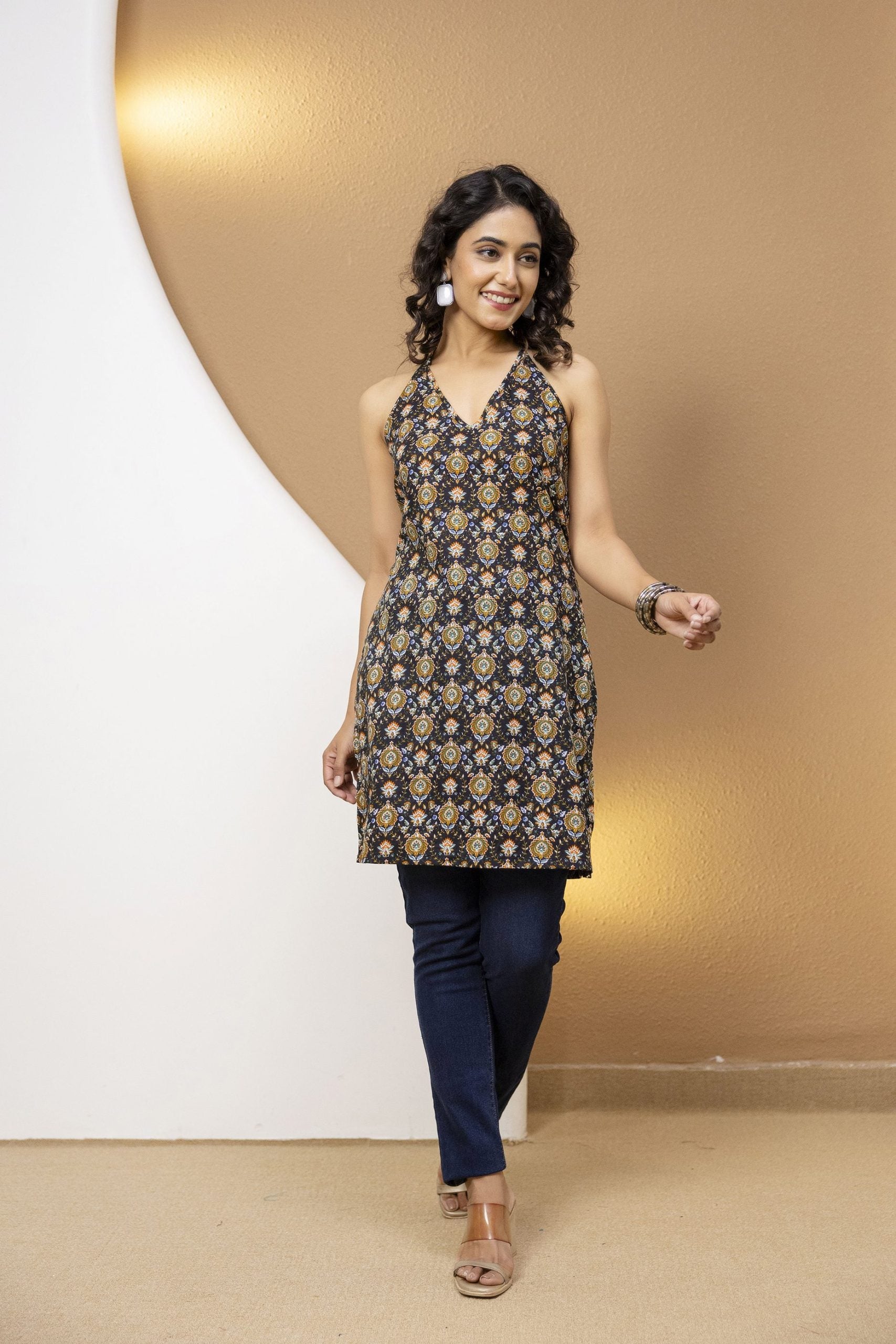 Mohini Black Printed Halter Neck Corset Kurti