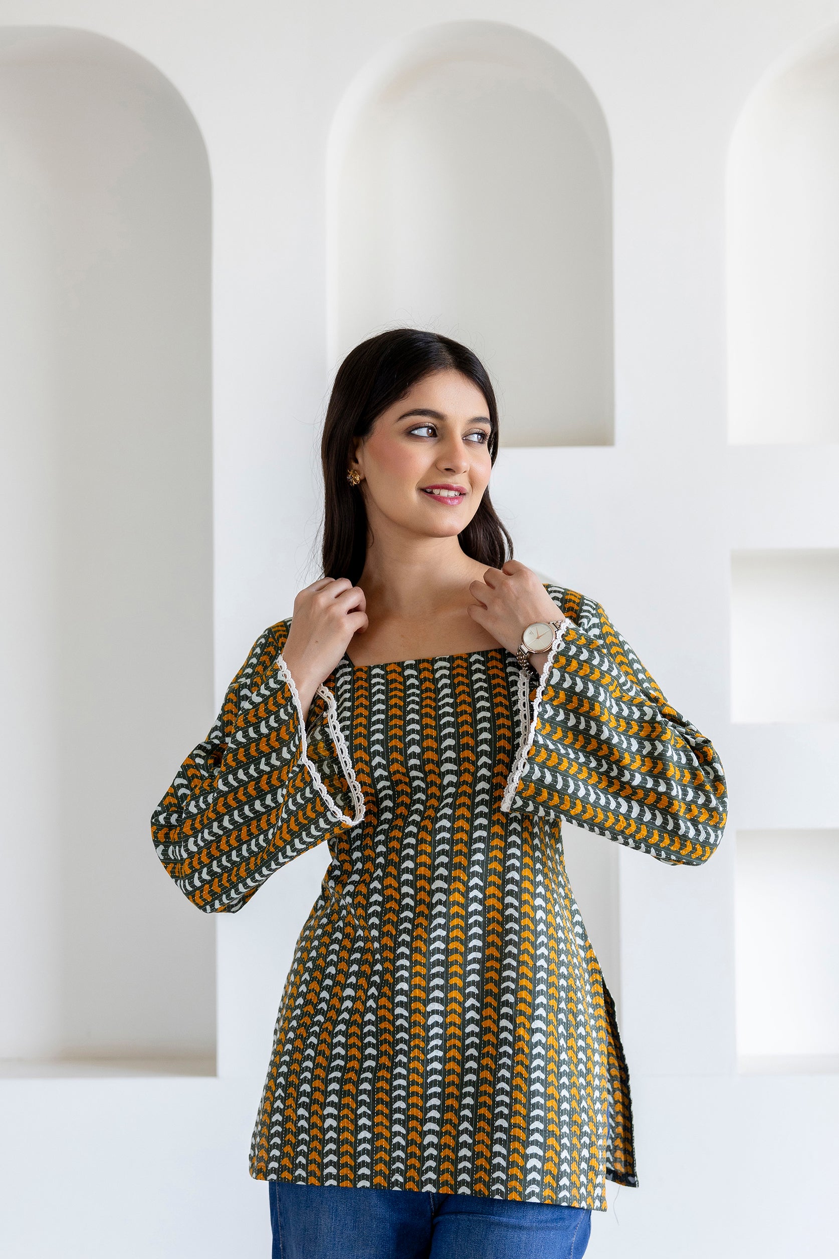 Mohini Green Cotton Kurti with Pom-Pom Back