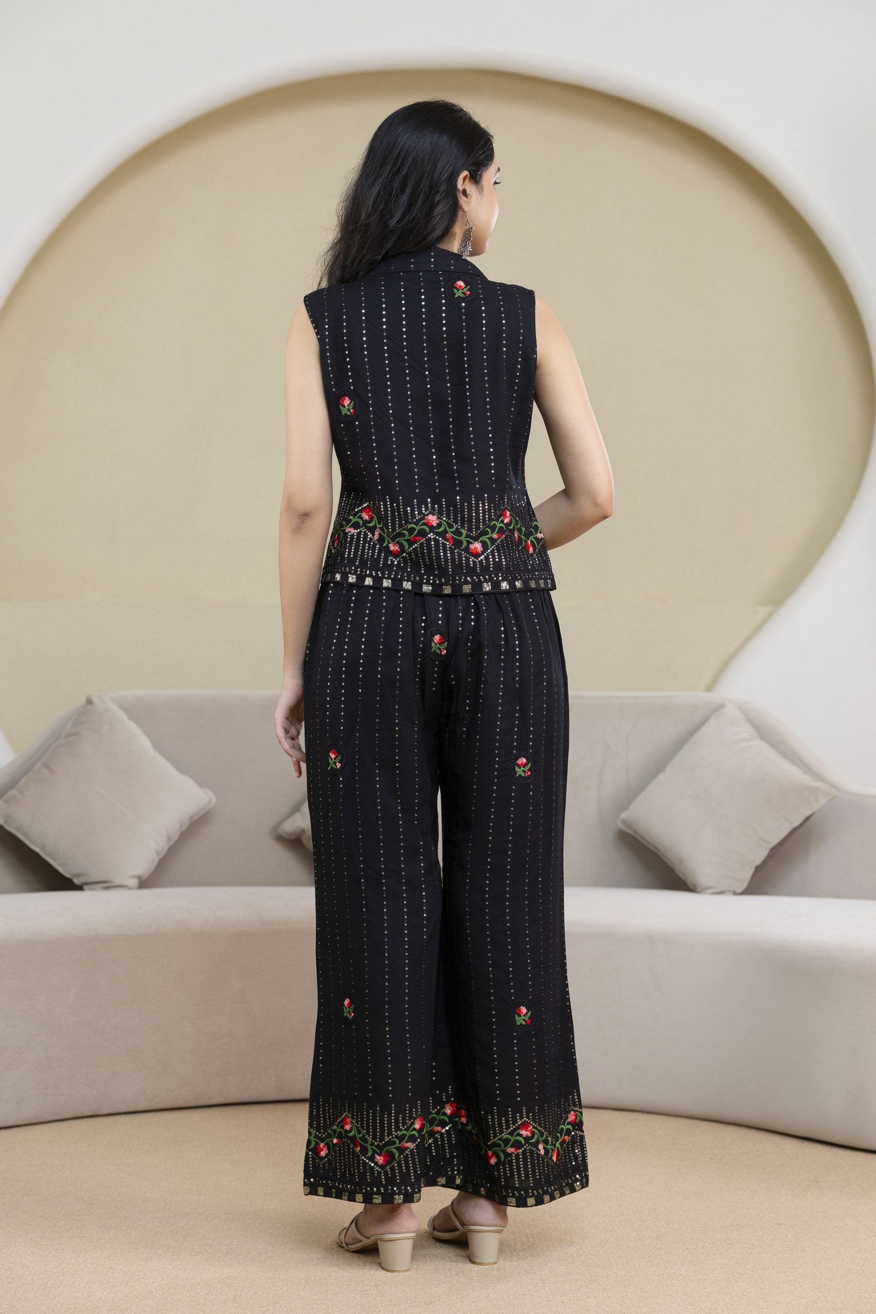 Black Floral Rayon Embroidered Set By Vaaki