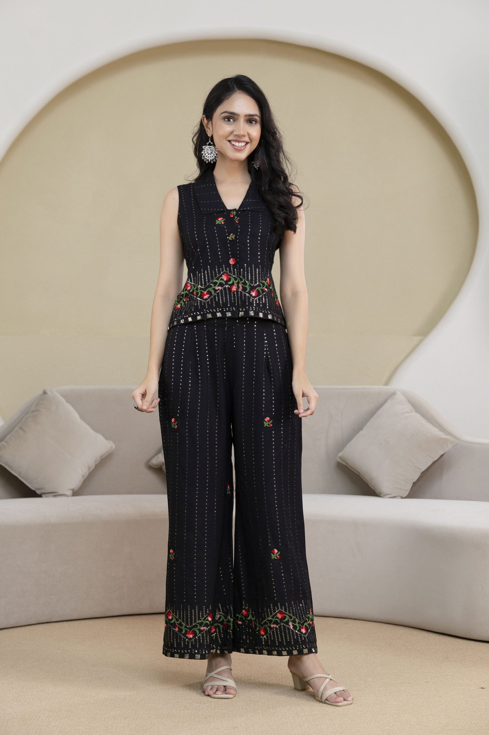 "Raag Black Floral Embroidered Co-ord Set"