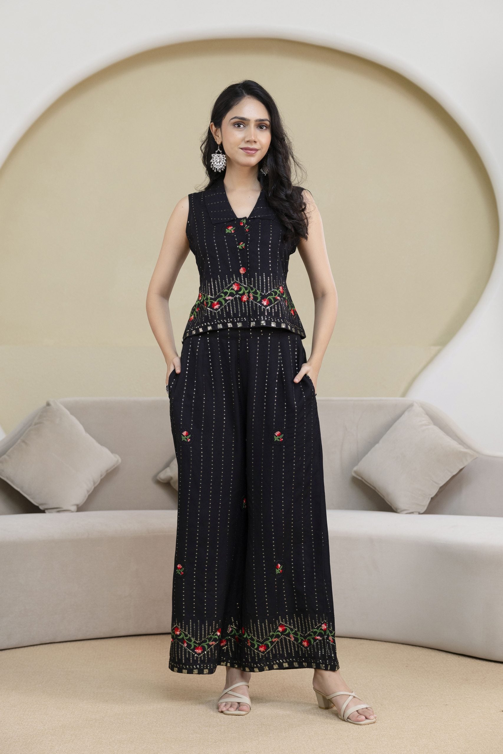 "Raag White Floral Embroidered Co-ord Set"